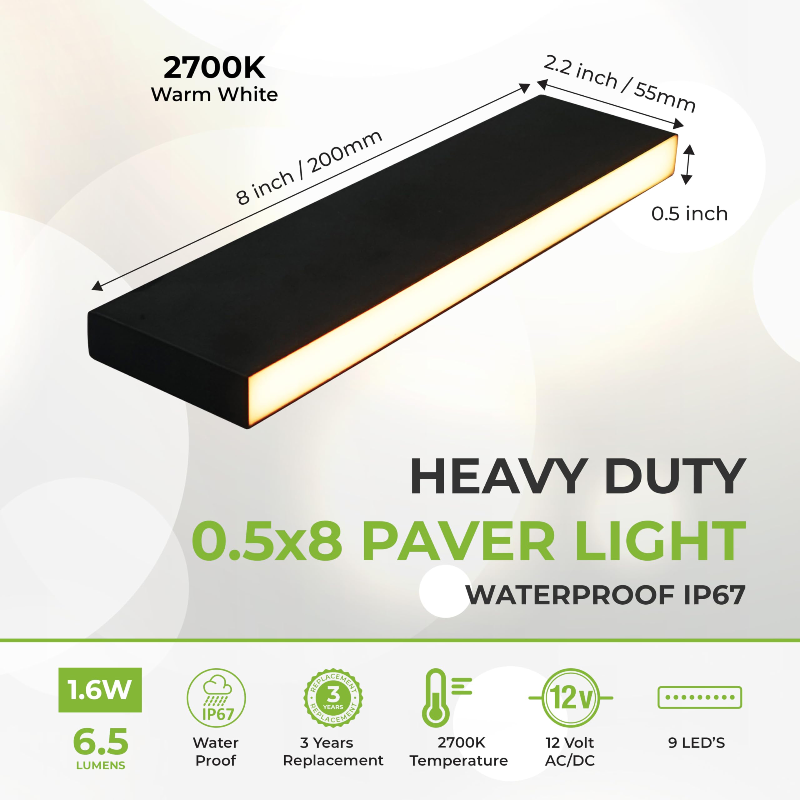 Lumengy Paver Light Slim 0.5X8 Inch (0.55 X 7.87 Inches) 2700K Warm White Glare-Free Steel Brick Lighting For Pavers, Walls, Driveway & Pathway Borders, Waterproof, Drive-Over Rated - 12V Ac/Dc