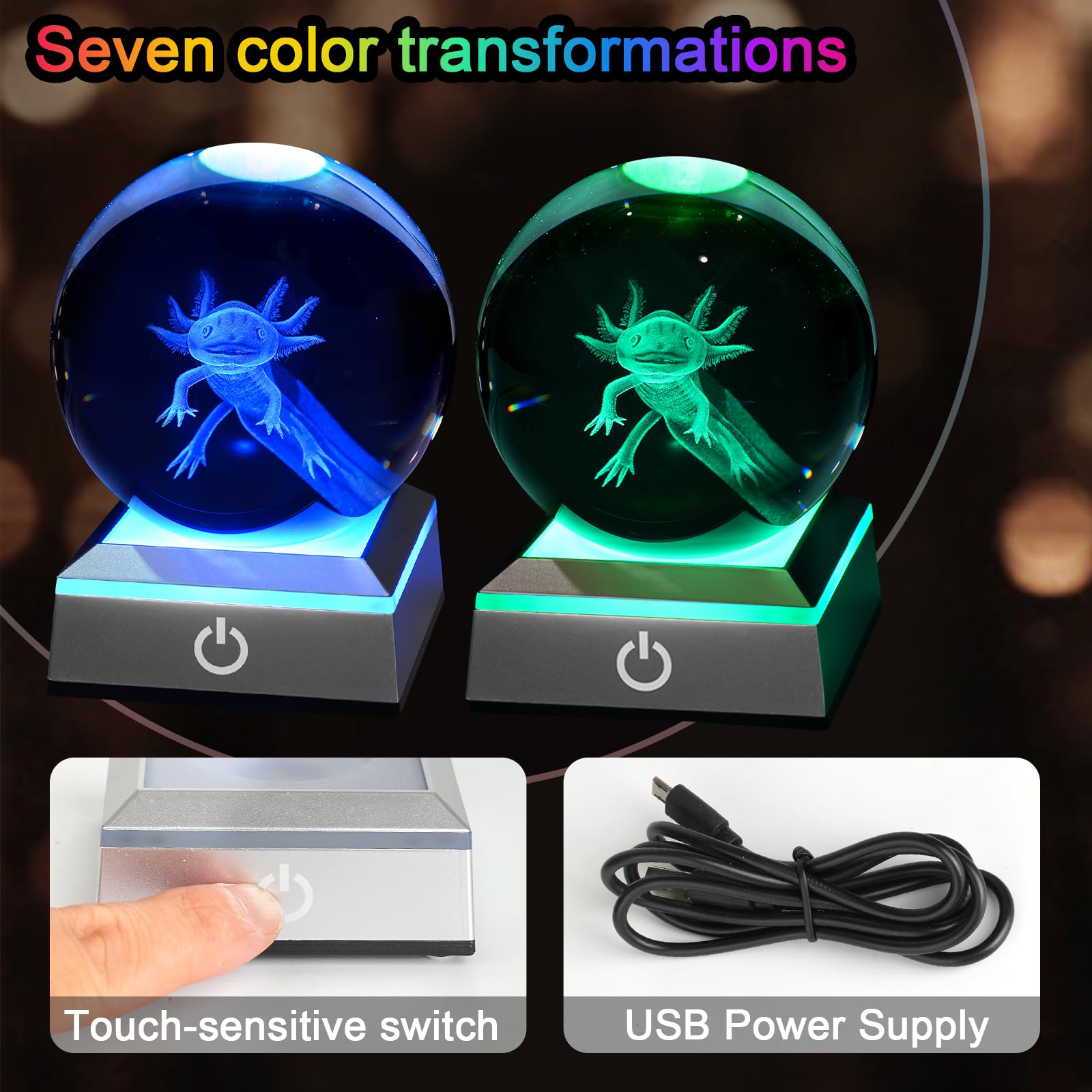 Eicxjui 3D Axolotl Crystal Night Light With Multicolor Led Base Glass Laser Engraved Axolotl Figurines Gifts For Boys Girls Love