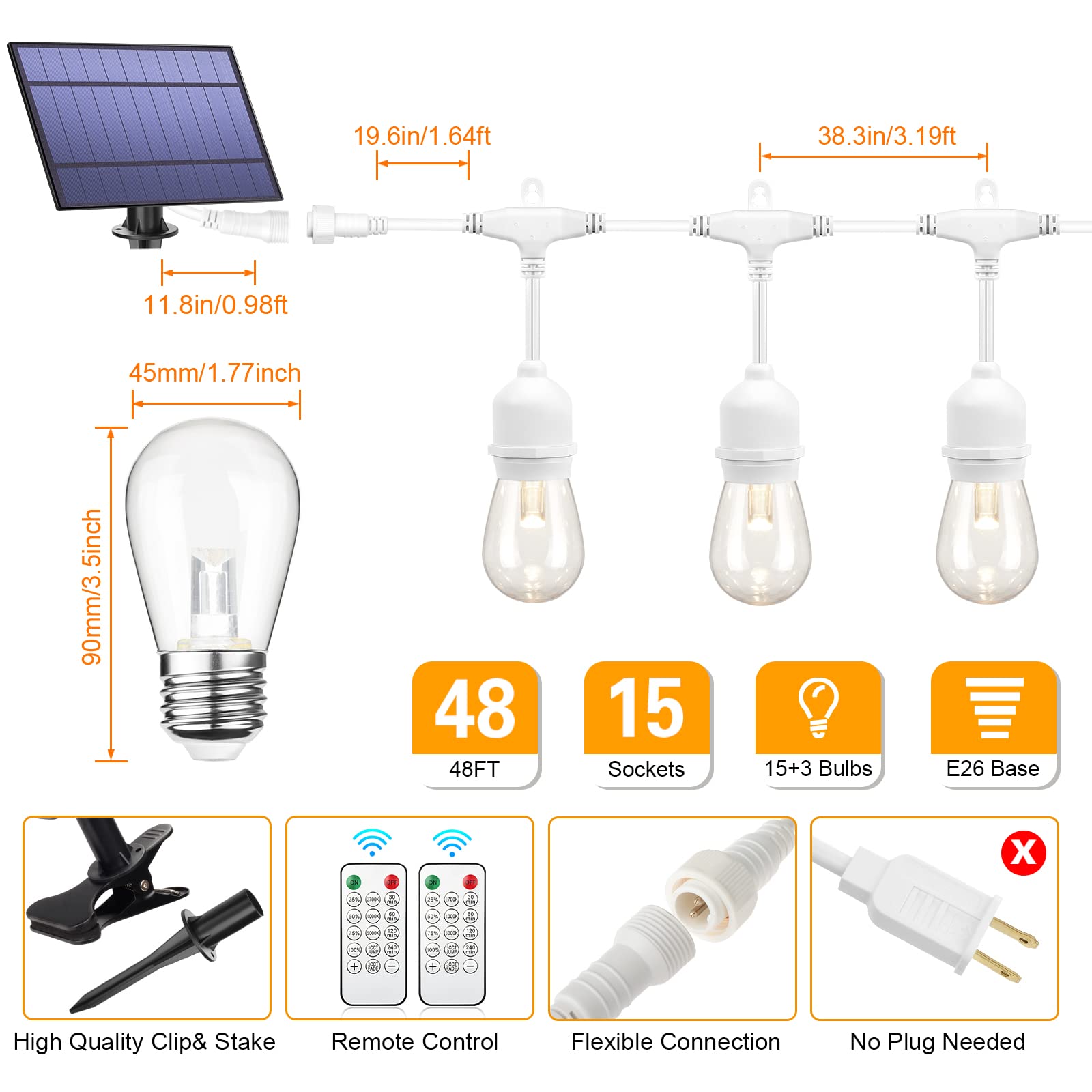 Mlambert 3-Color In 1 Dimmable Solar String Lights Outdoor, 48Ft Patio String Lights With Remote And 15+3 Waterproof Led Bulbs F