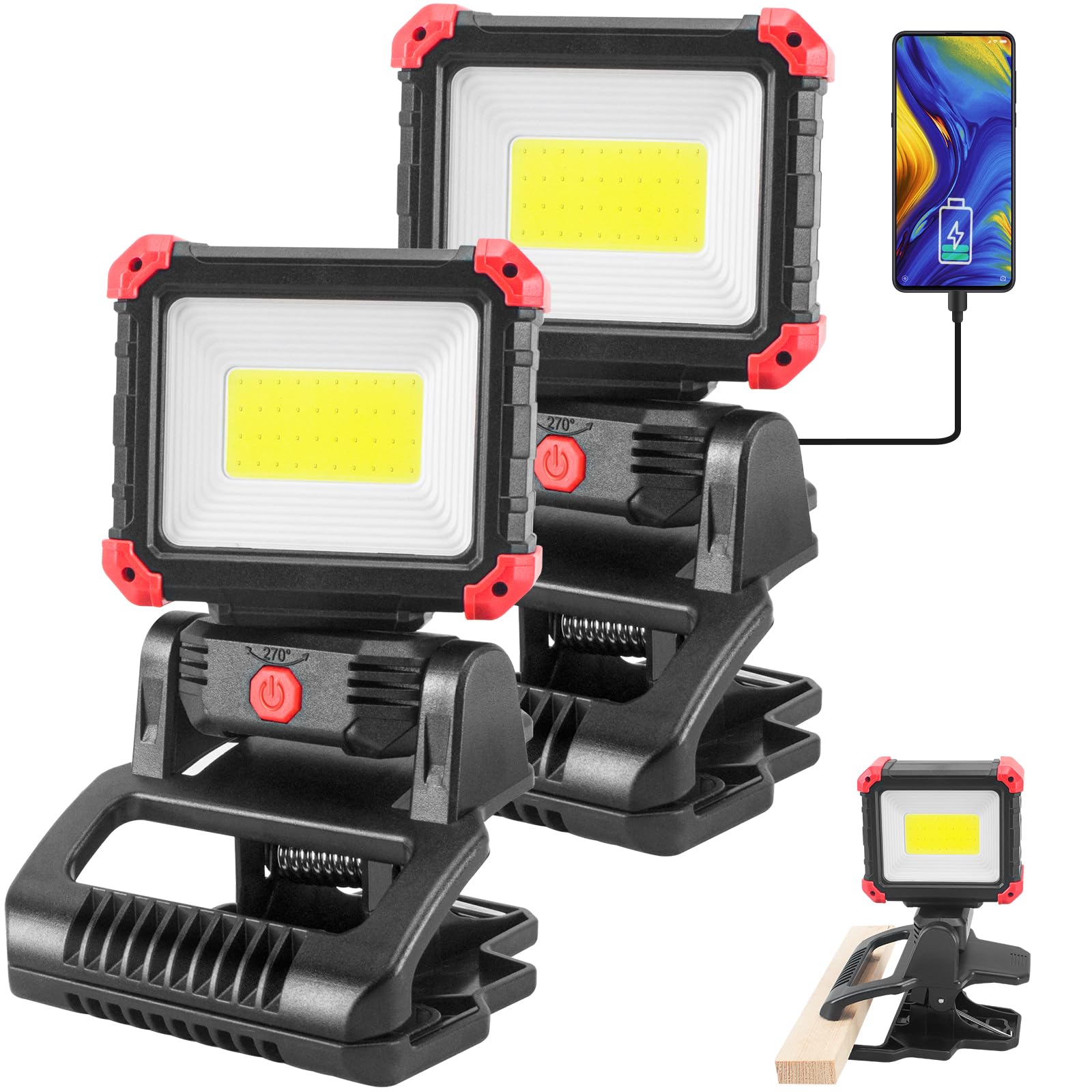 Tresda LED Rechargeable Work Light with Clamp, 2Pack 2100LM COB Magnetic Work Light with 3 Light Modes, 270? & 180? Rotation, Wa