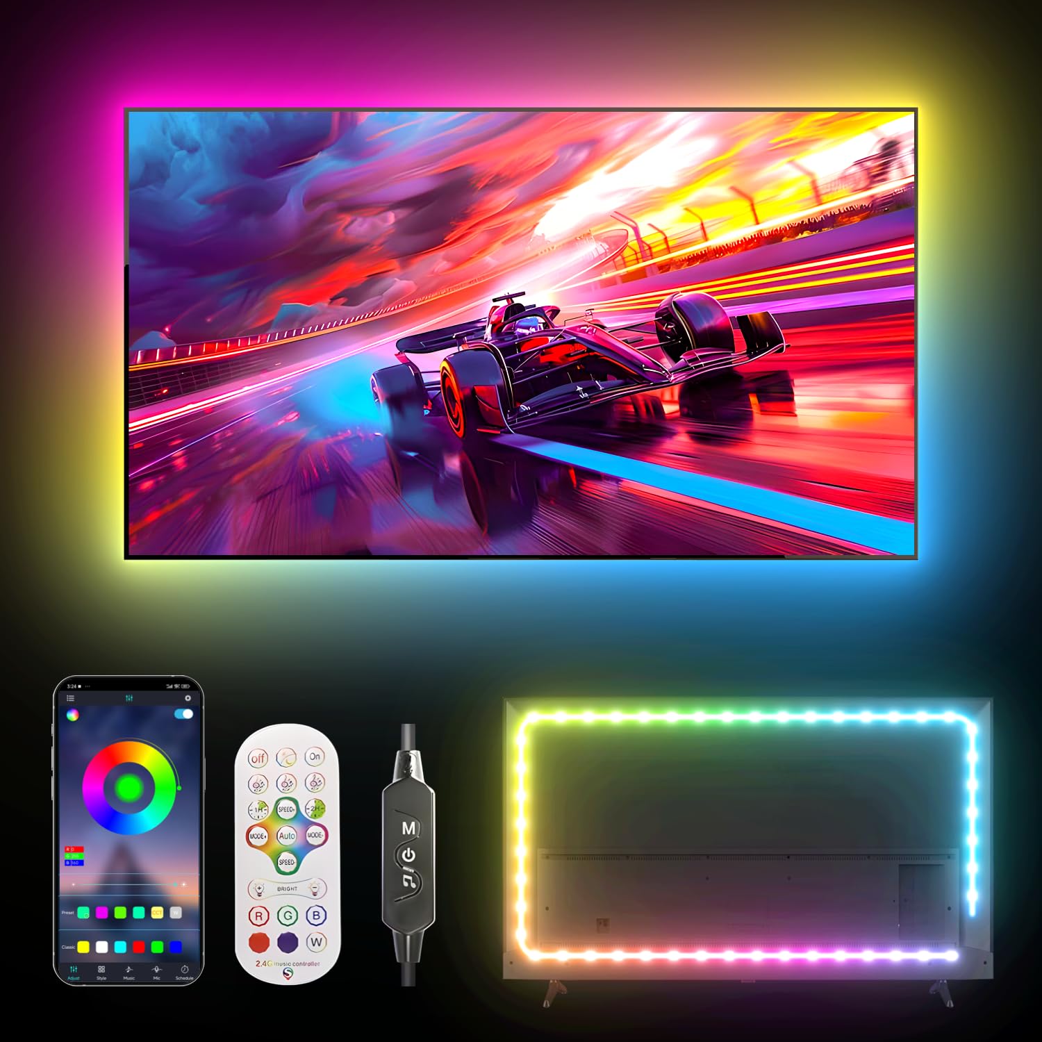 DTQJ TV LED Backlight, RGB TV Backlight for 43-55 inch TVs,Smart APP Remote Control, Music Sync Color Changing Strip Lights,for 