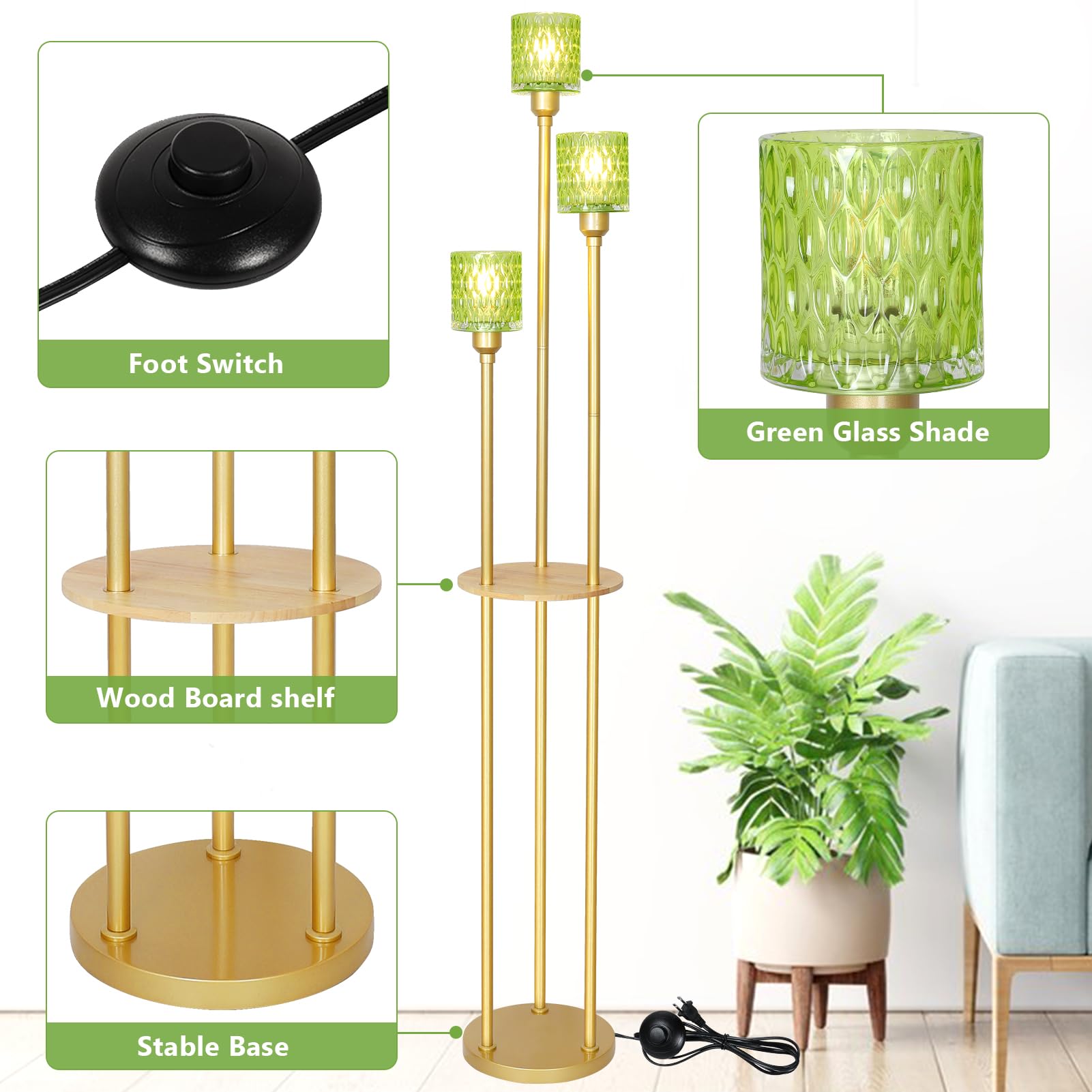 HMVPL Vintage Floor Lamp with Green Glass Shade, Gold Metal, Mid Century Design, Model 250404A1, Perfect for Living Room or Bedroom