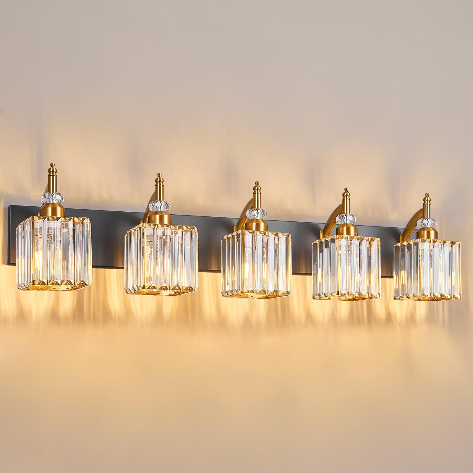 BBLLWJ Crystal Vanity Light Fixture - 5-Light Modern Bathroom Lighting Over Mirror - Black Gold - Model 655