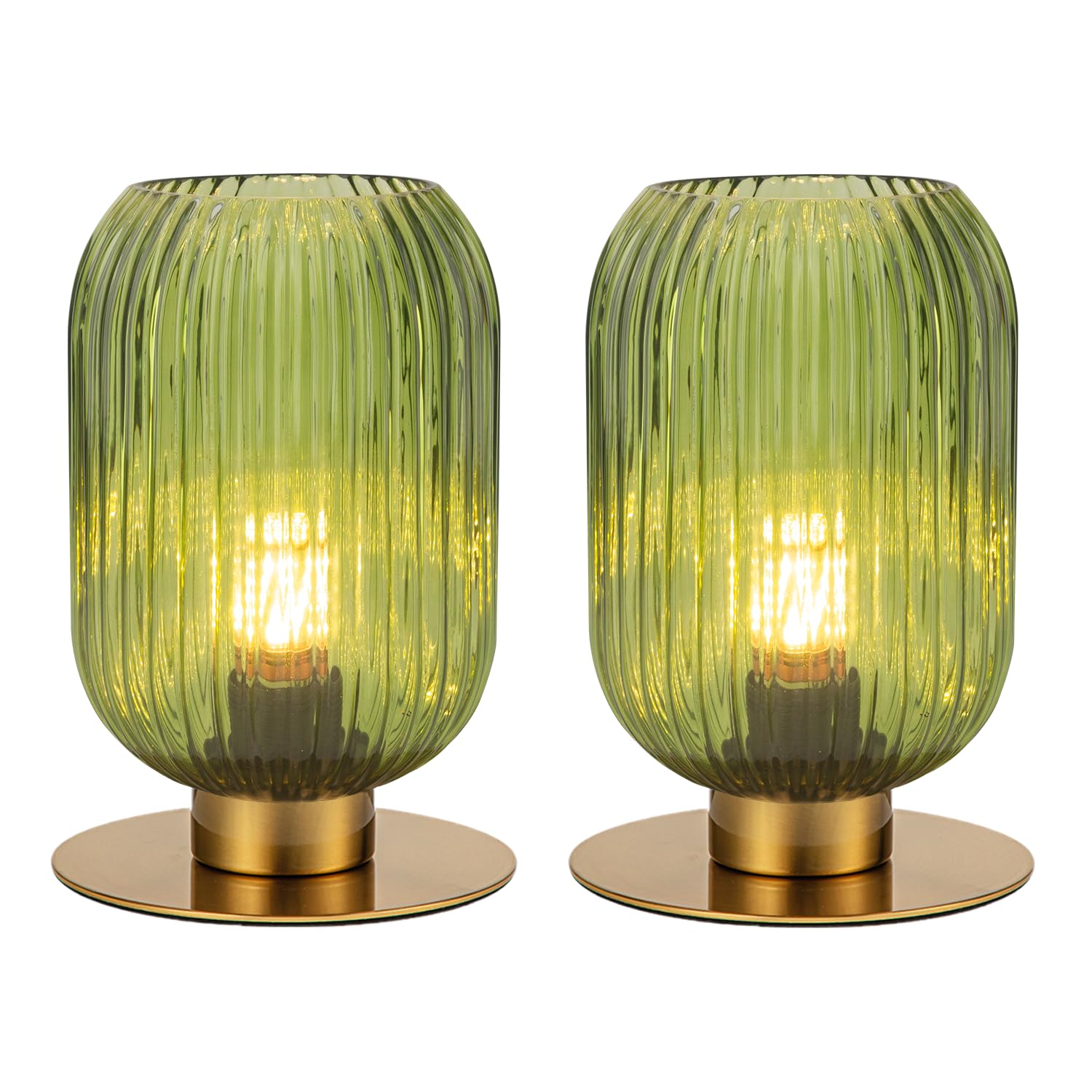 Soutas Bedside Table Lamps Set of 2, Small Glass Table Lamp Green Bedside Lamp with Brass Metal Base, Mid Century Table Lamp Gol
