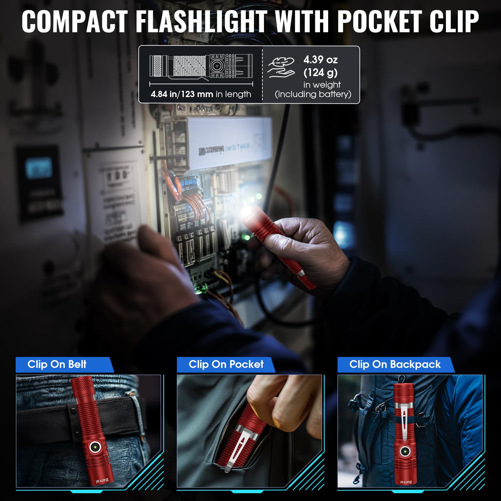 Banral Rechargeable Tactical Flashlight, 4 Modes, USB-C, Waterproof, Mini, Red, Model K518