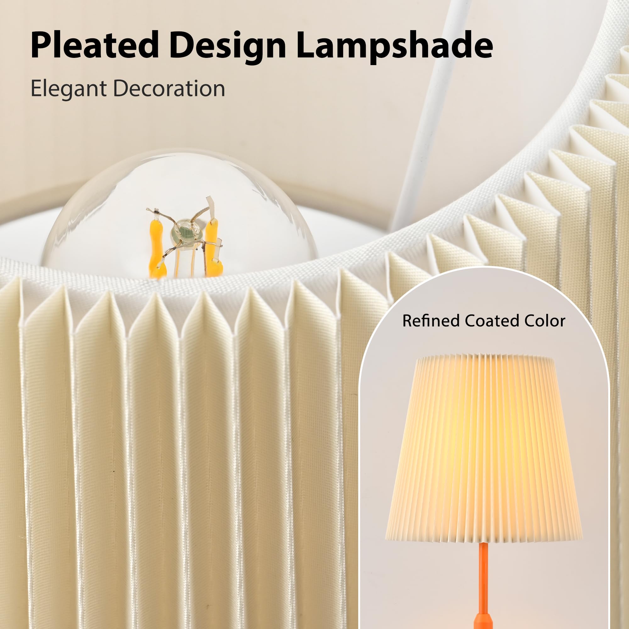 HISEEGO Cordless Table Lamp, 2700K Dimmable, 16.5in Pleated Lampshade, Metal, Rechargeable, Orange, Model LP-N8-OR