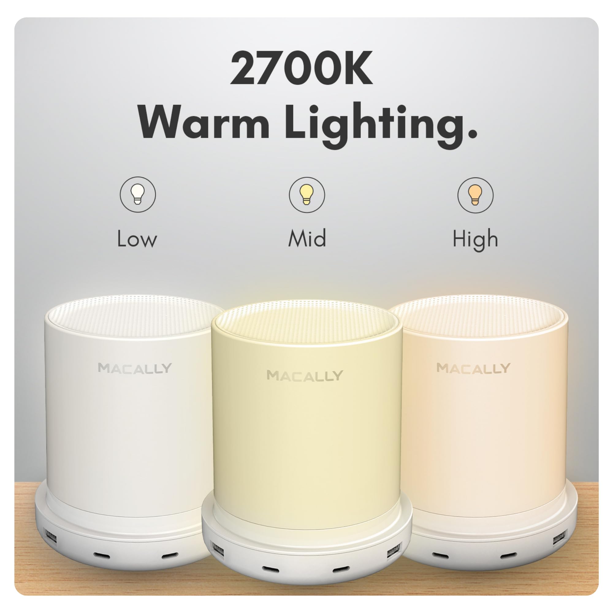 Macally Small Bedside Lamp - 3-Way Dimmable Touch Light with USB C & A Ports - White, Model LAMPCHARGAC