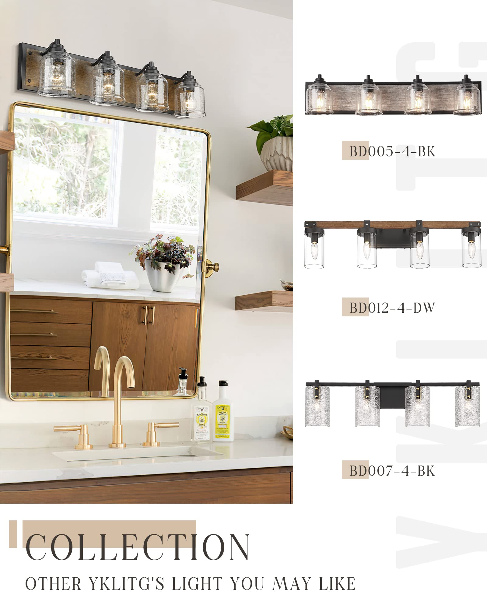 YKLITG 31.5 inch Farmhouse Bathroom Vanity Light Fixture, 4-Light Dark Wood Rustic Vanity Light with Seeded Glass Shades for Bat