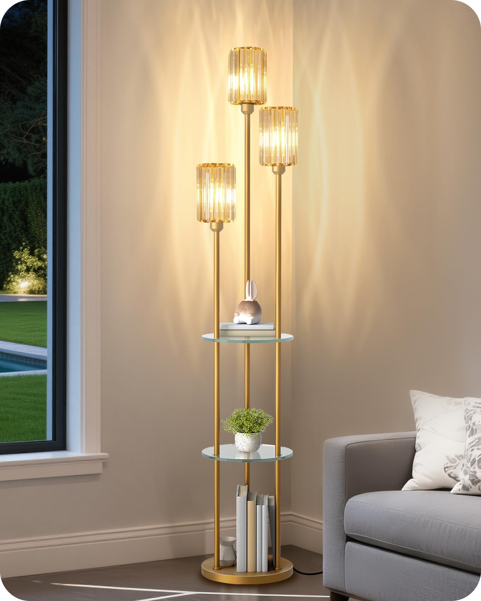 GOEBLESON Gold Floor Lamp with Shelves, Modern Floor Lamp with 3 Crystal Shades and Foot Switch, 3-Light Standing Lamp with 3 Sh