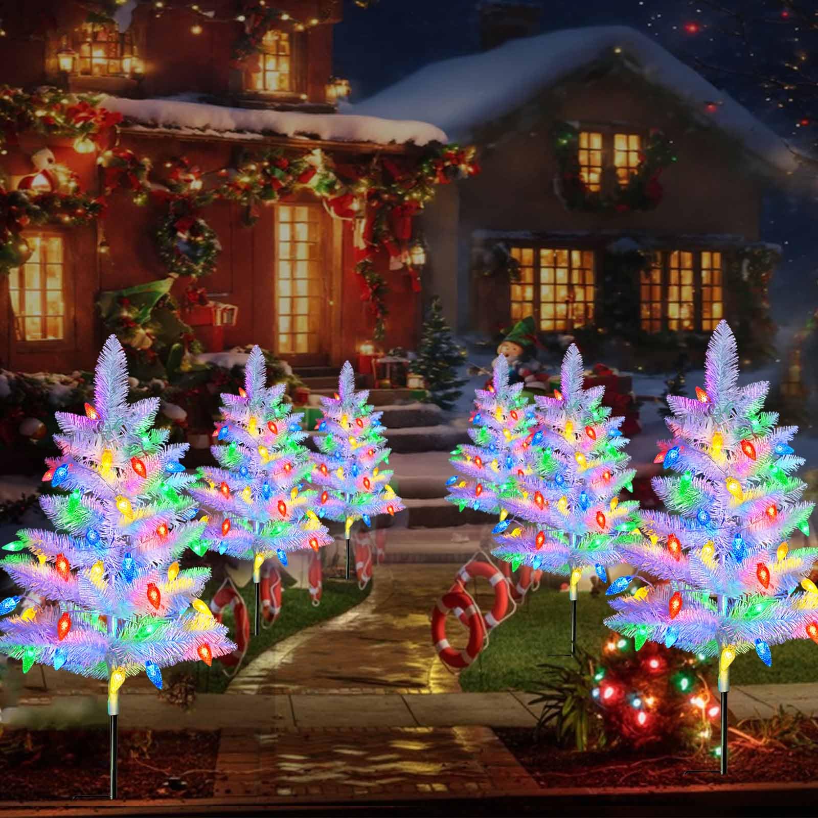 2 Pack White Christmas Tree Outdoor,Solar Powered Christmas Trees With 60 Led C6 Christmas Lights,Pre-Lit Small Artificial Xmas