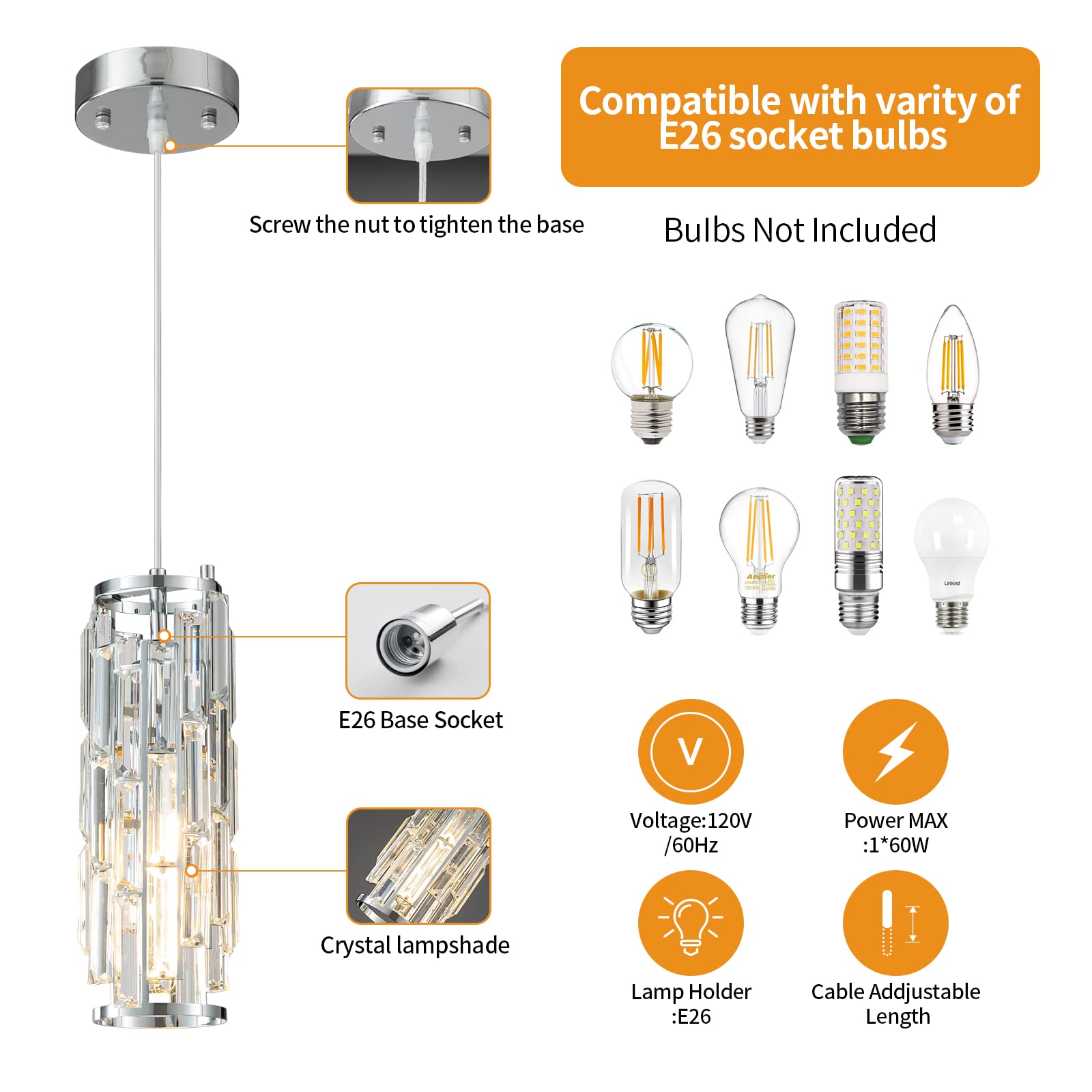 Lmqnine 5-Light Chrome Pendant Light Fixture, Adjustable Mini Crystal Chandelier For Kitchen & Dining