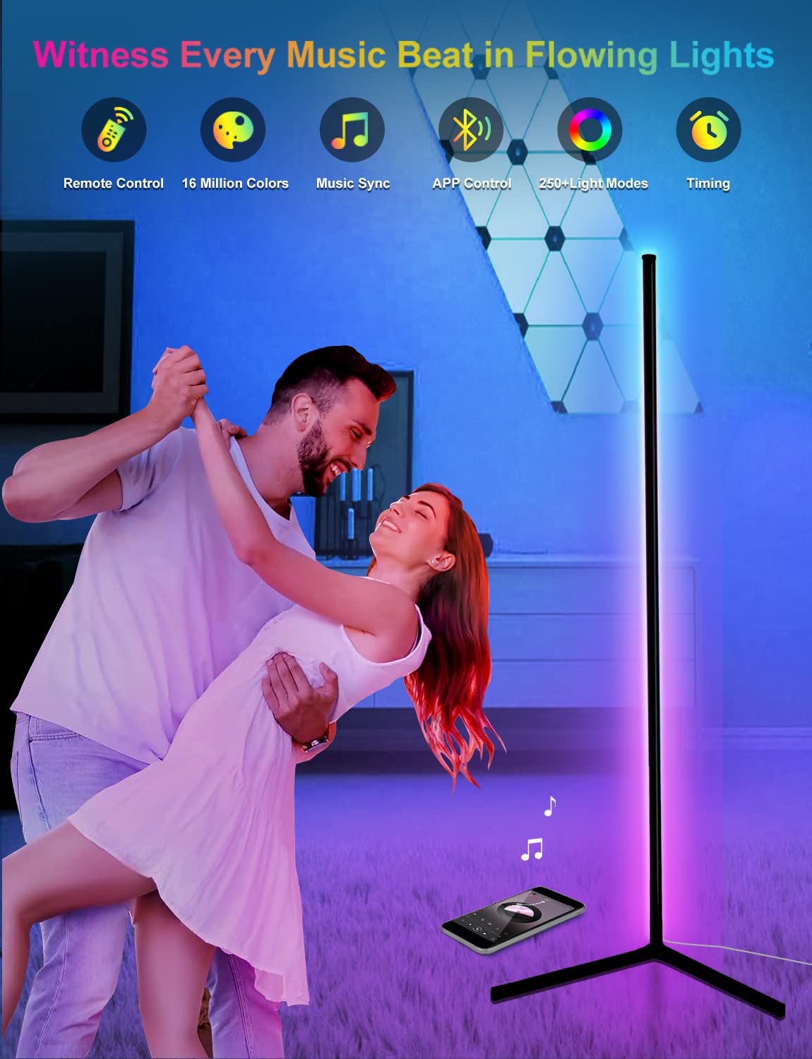 Corner Floor Lamp,65” Color Changing Led Floor Lamp With Music Sync,Modern Mood Lighting Corner Lamp With Remote & App Control, Creative Diy Mode & Timing,Rgb Floor Lamp For Living Room Gaming Room