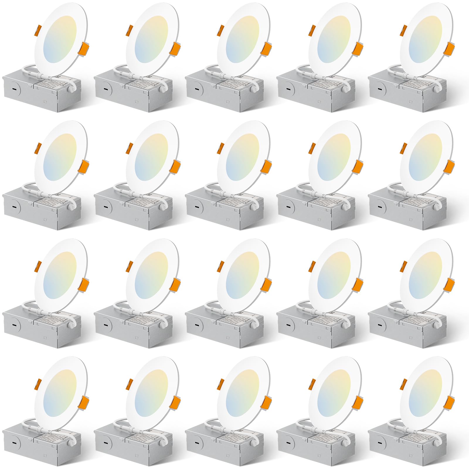 Amico 20 Pack 4 Inch 5CCT Ultra-Thin LED Recessed Ceiling Light with Junction Box, 2700K/3000K/4000K/5000K/6000K Selectable, 11W