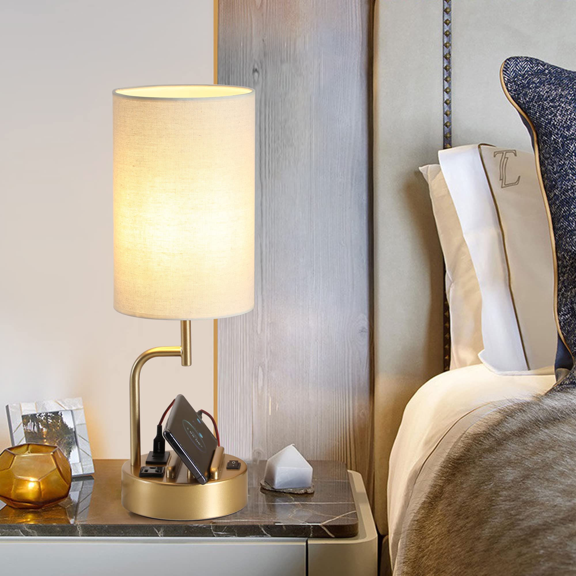Dreamholder Table Lamp with 3 USB Ports and AC Outlet, Gold, Pack of 2