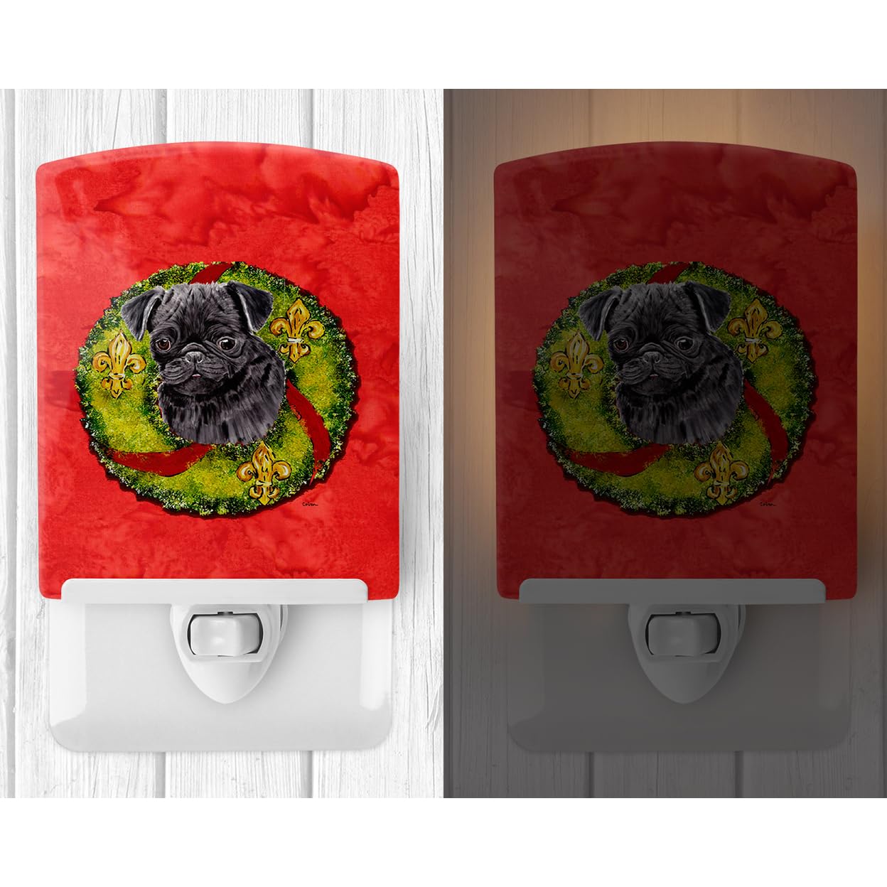 Carolines Treasures Ceramic Night Light Pug Christmas Wreath 6x4x3, Model SC9096CNL, UL-Certified, Multicolor