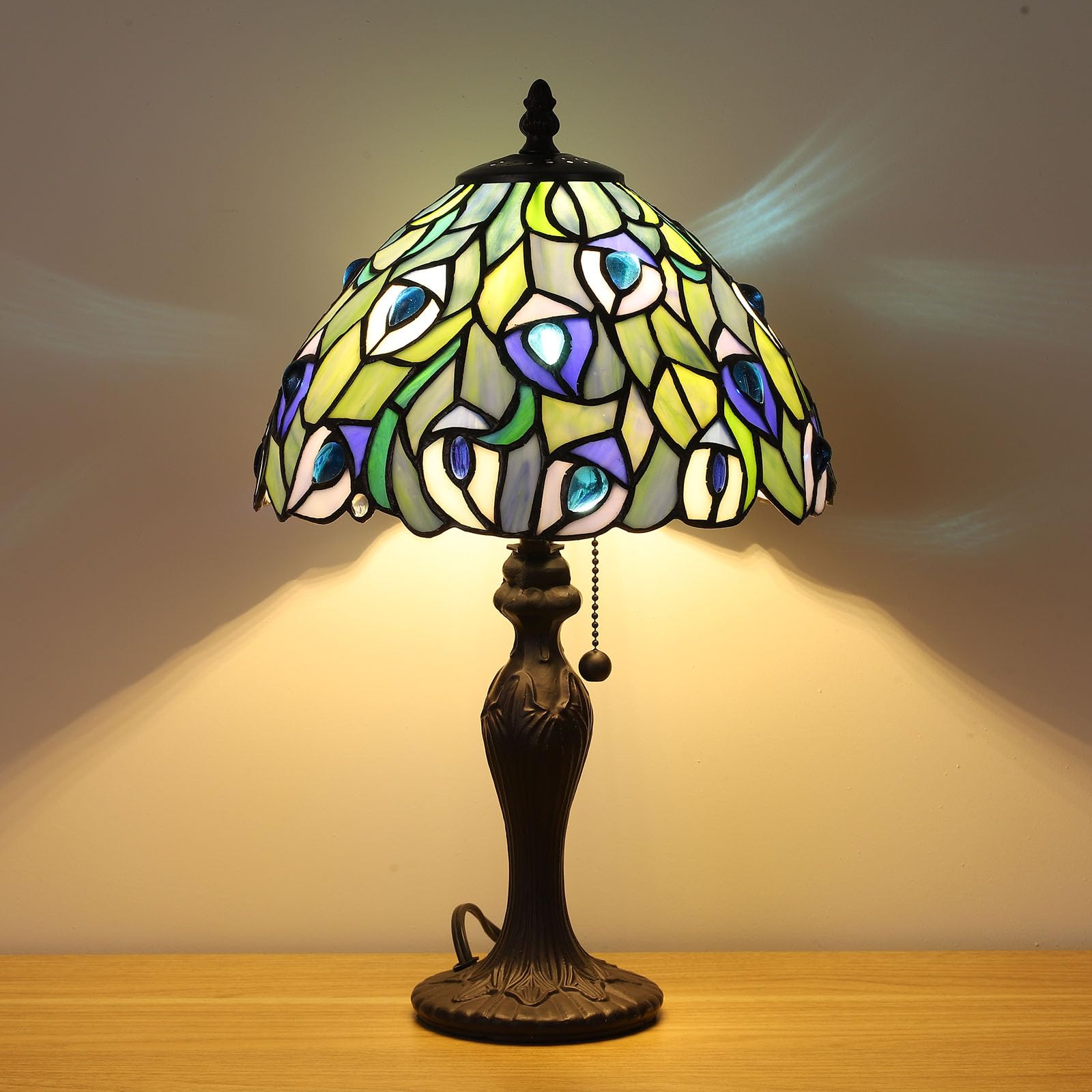 Fumat Tiffany Table Lamp For Living Room Blue Phoenix Tail Stained Glass Table Lamps For Bedroom Hand-Made 3 Color Temperature B