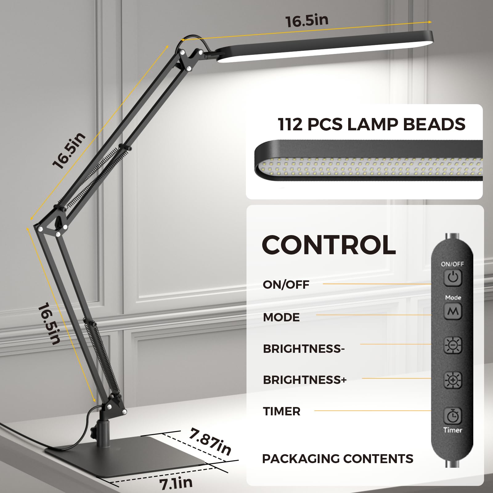 SKYLEO LED Desk Lamp - Adjustable Swing Arm, Dimmable, 1300LM, 12W, Metal, Black, Model A018