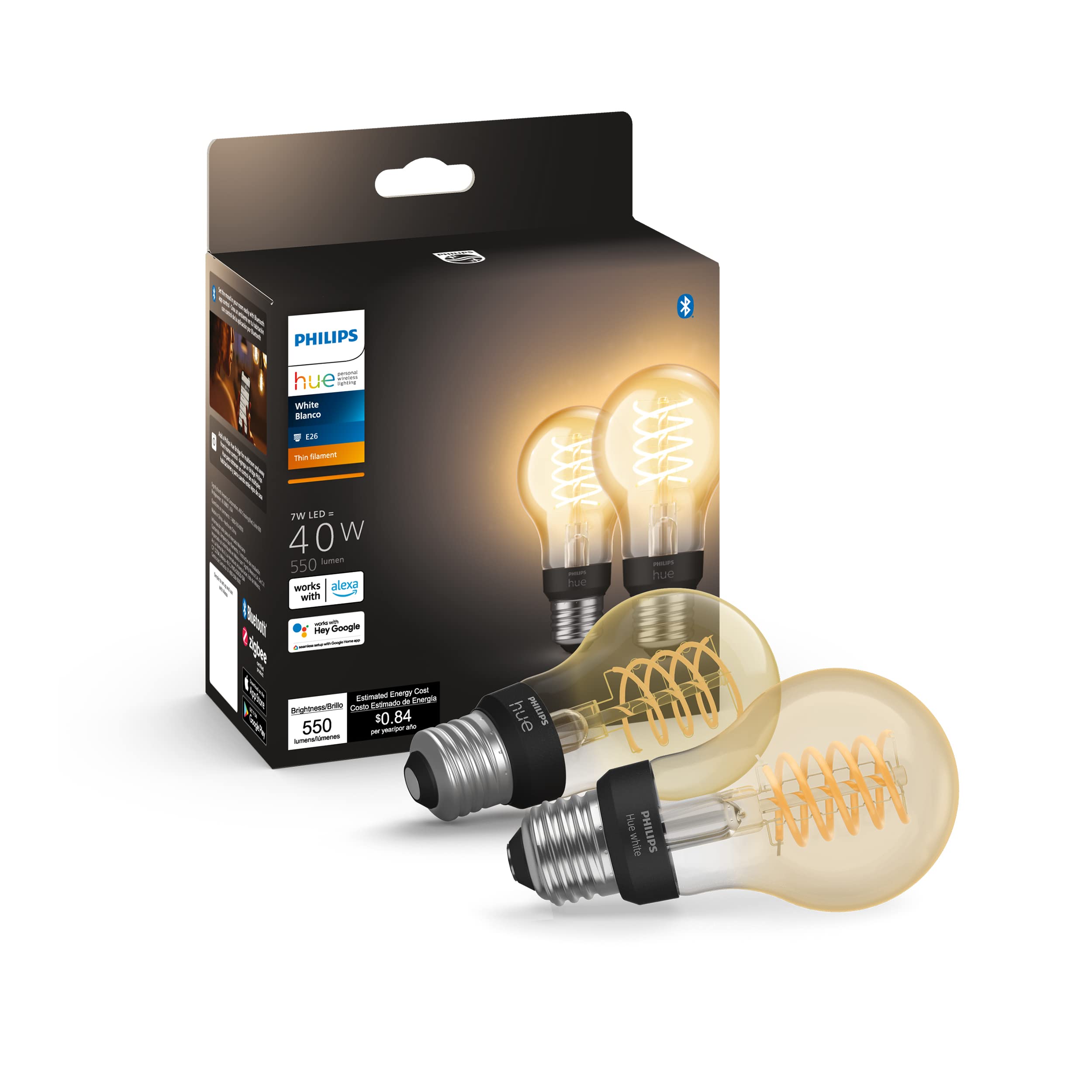 Philips Hue Smart 40W A19 Filament Led Bulb - Soft Warm White Light - 2 Pack - 550Lm - E26 - Indoor - Control With Hue App - Com