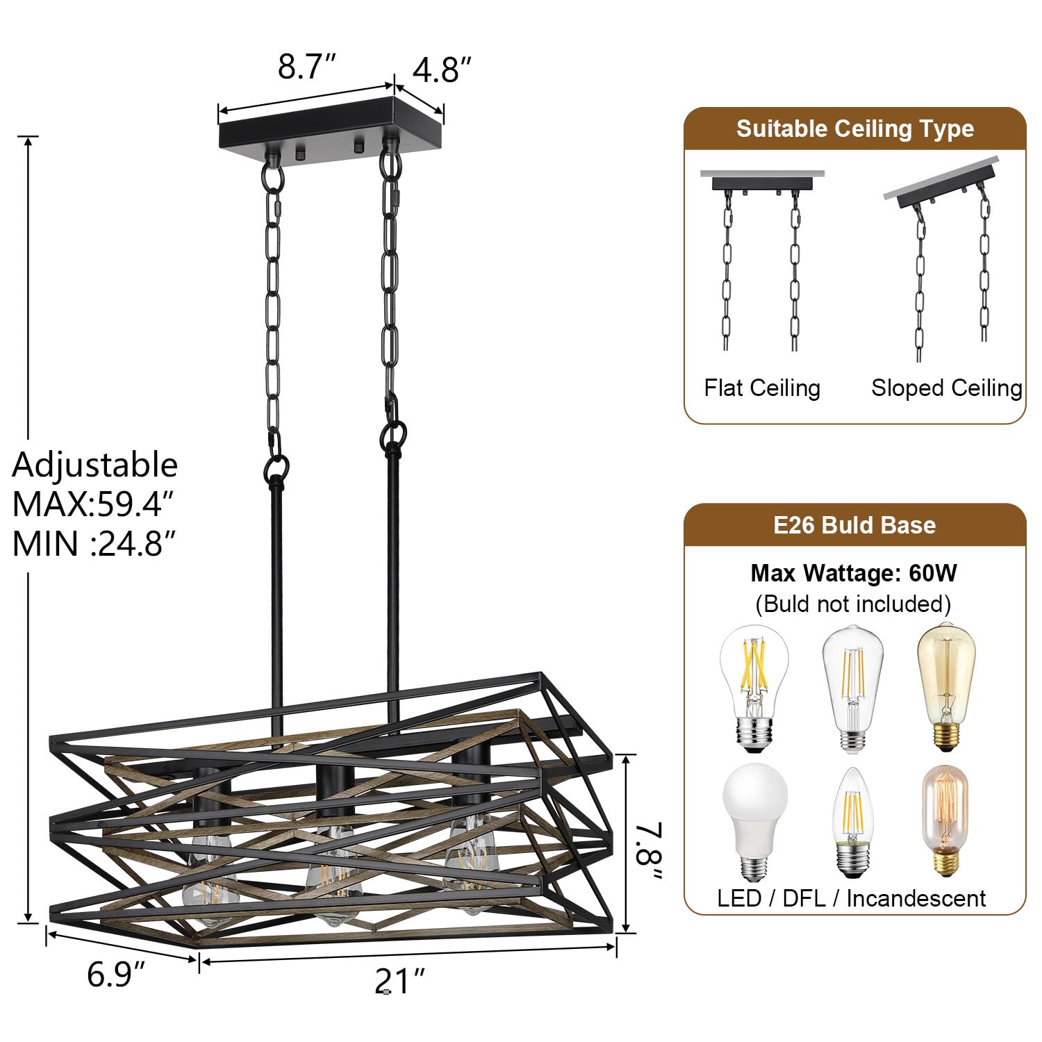 Sigaitwei 21''Farmhouse Dining Room Light Fixture,3-Light Kitchen Island Lighting,Industrial Chandelier For Dining Room Over Table Kitchen Bar,Linear Chandelier With Retro Wood Texture Interior