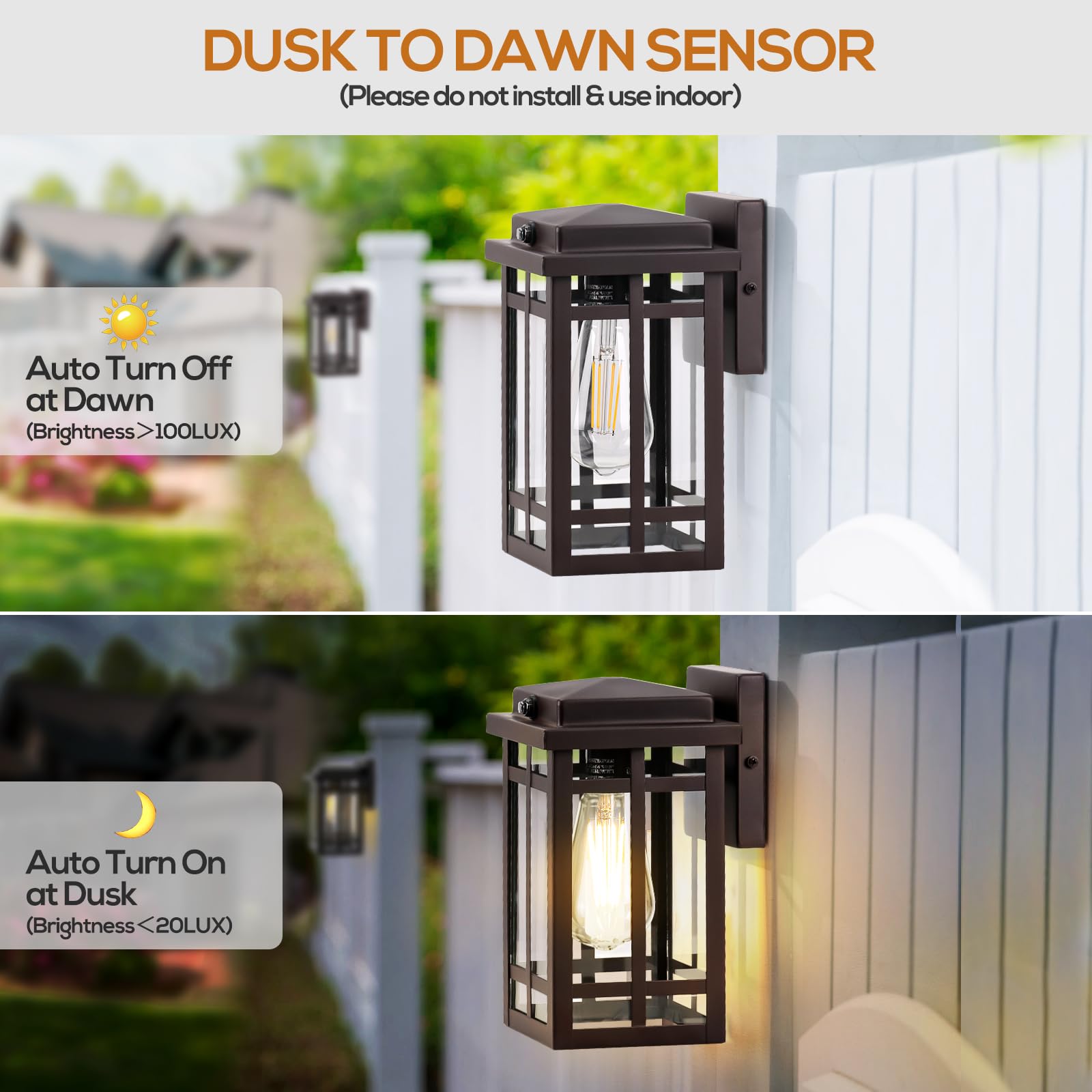 9.76'' Dusk To Dawn Outdoor Wall Lighting 2 Packs, Exterior Light Fixture Wall Mount For House Front Porch Light, Anti-Rust Modern Outdoor Wall Lantern With Tempered Glass Shade For Garage, Brown