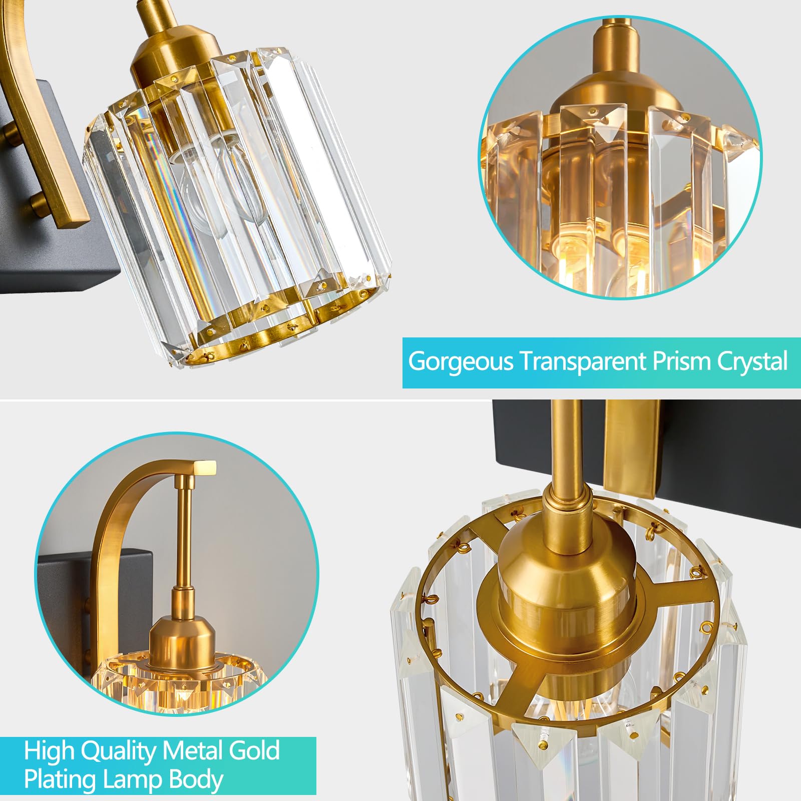 Fdpby 3-Light Crystal Vanity Light  Modern Black Gold Bathroom Wall Sconce With K9 Crystal Shades  23.62 Long Over Mirror Lighting For Vanity  Makeup  Hallway  Elegant & Durable