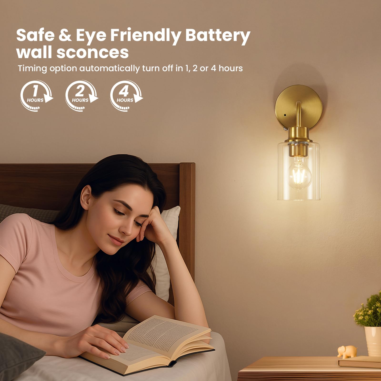 Epinl Dimmable Battery Operated Wall Sconce Set of 2 - Wireless Gold Glass Lamps, Rechargeable, 3000K Modern Lighting for Home