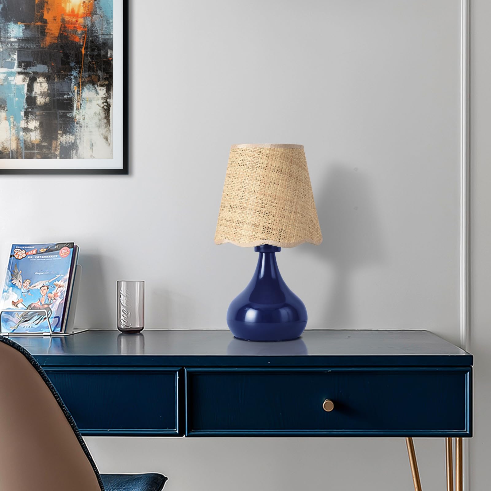 Ziqqeelam Navy Blue Small Bedside Mini Table Lamp for Bedroom, Small Bedroom Lamps for Nightstand, Small Rattan Shade Table Lamp
