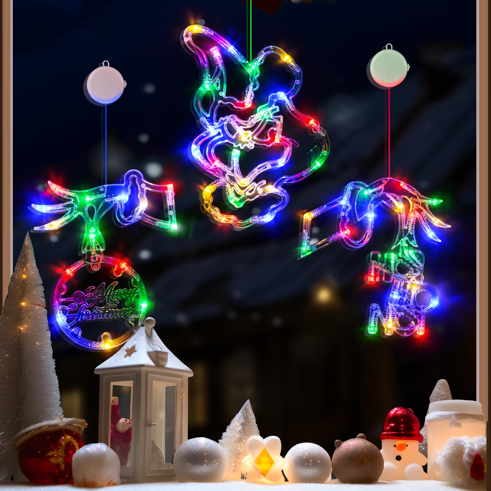 FASISOY Christmas Decorations 3 Pack Multi-Color Christmas Window Lights with Suction Cup, Battery Operated Christmas Lights, Sl