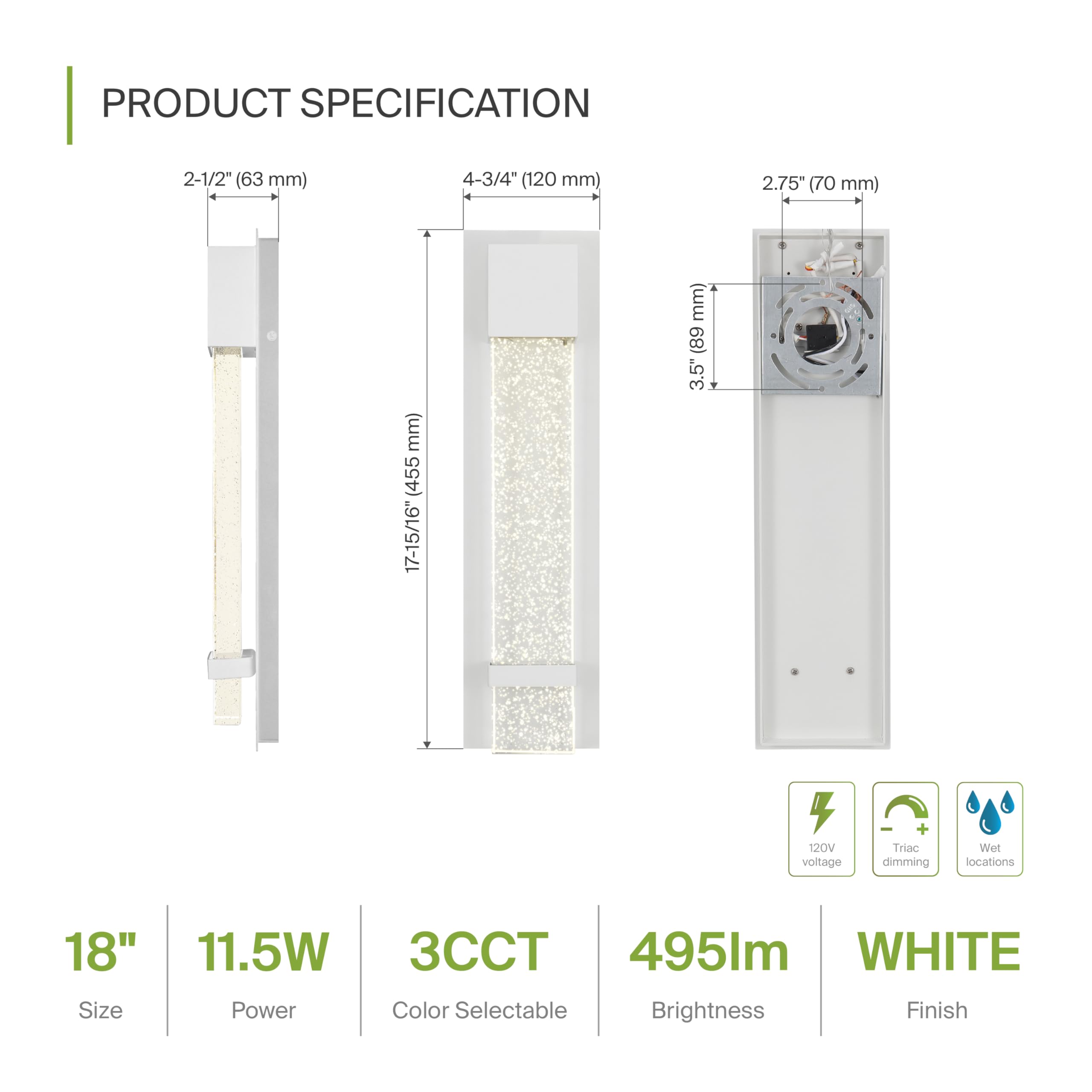 Asd Led 18 Inch Bubble Glass Wall Light Fixture | 12W 500Lm 3000K-5000K 120V | 3Cct, Waterproof, Dimmable, Etl Listed | Exterior