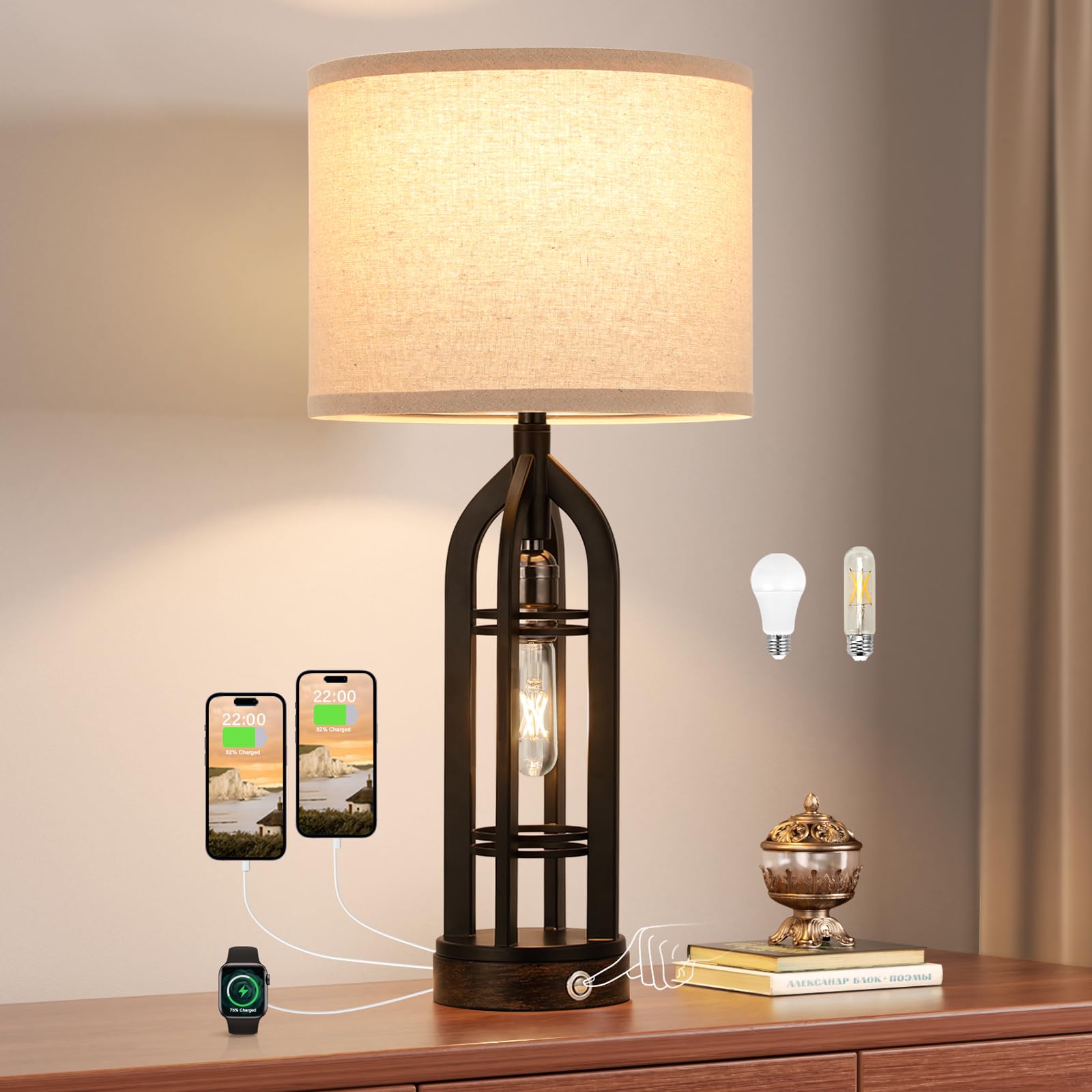 Seealle Table Lamps for Living Room - Black Bedside Lamp for Bedroom with USB C+A & Outlet, Farmhouse Lamps for Night Stands, 3-