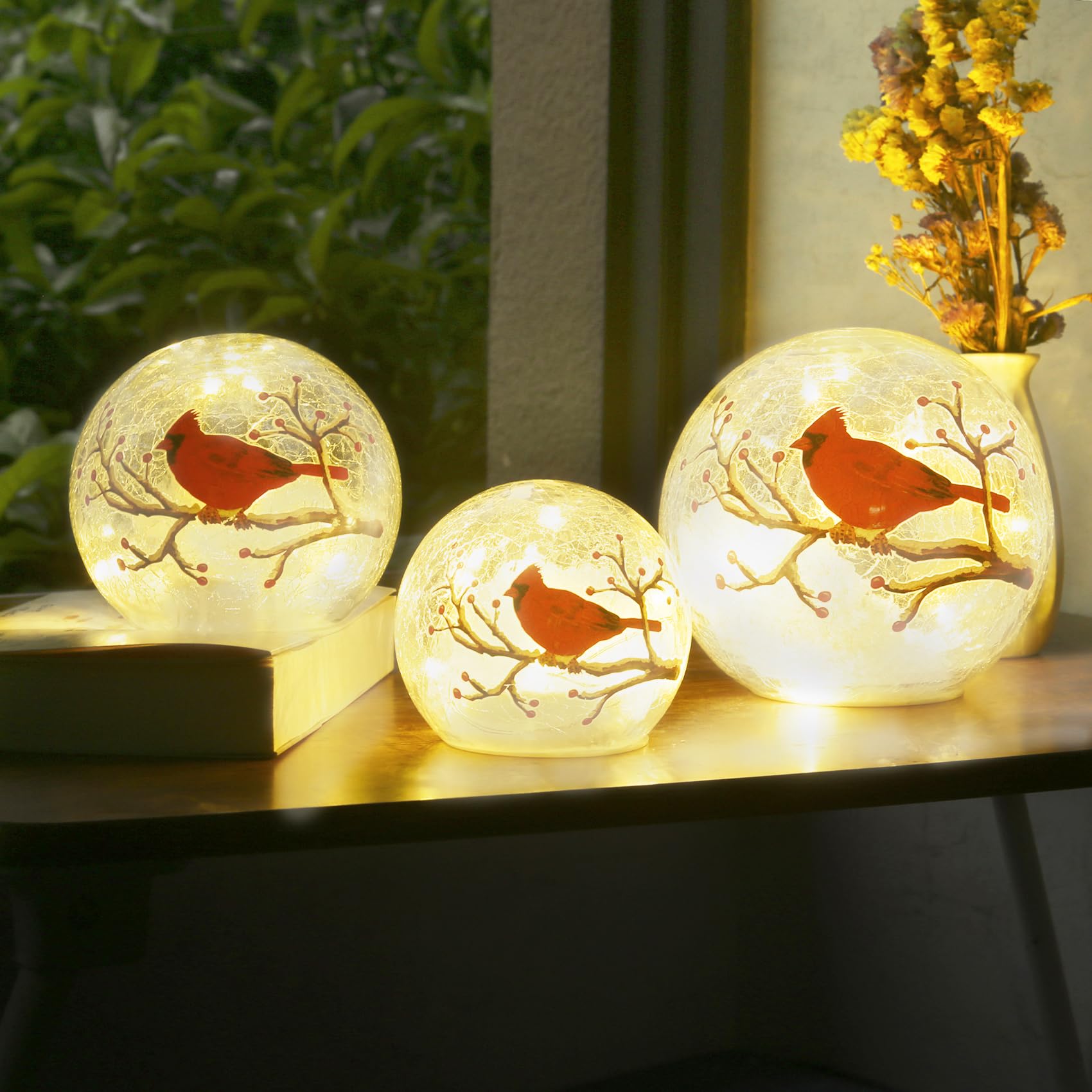 Kaowod Large Crackle Glass Ball Cardinal Lamp - Red Cardinal Stained Glass Accent Light, 8" Clear Globe Desk Lamp