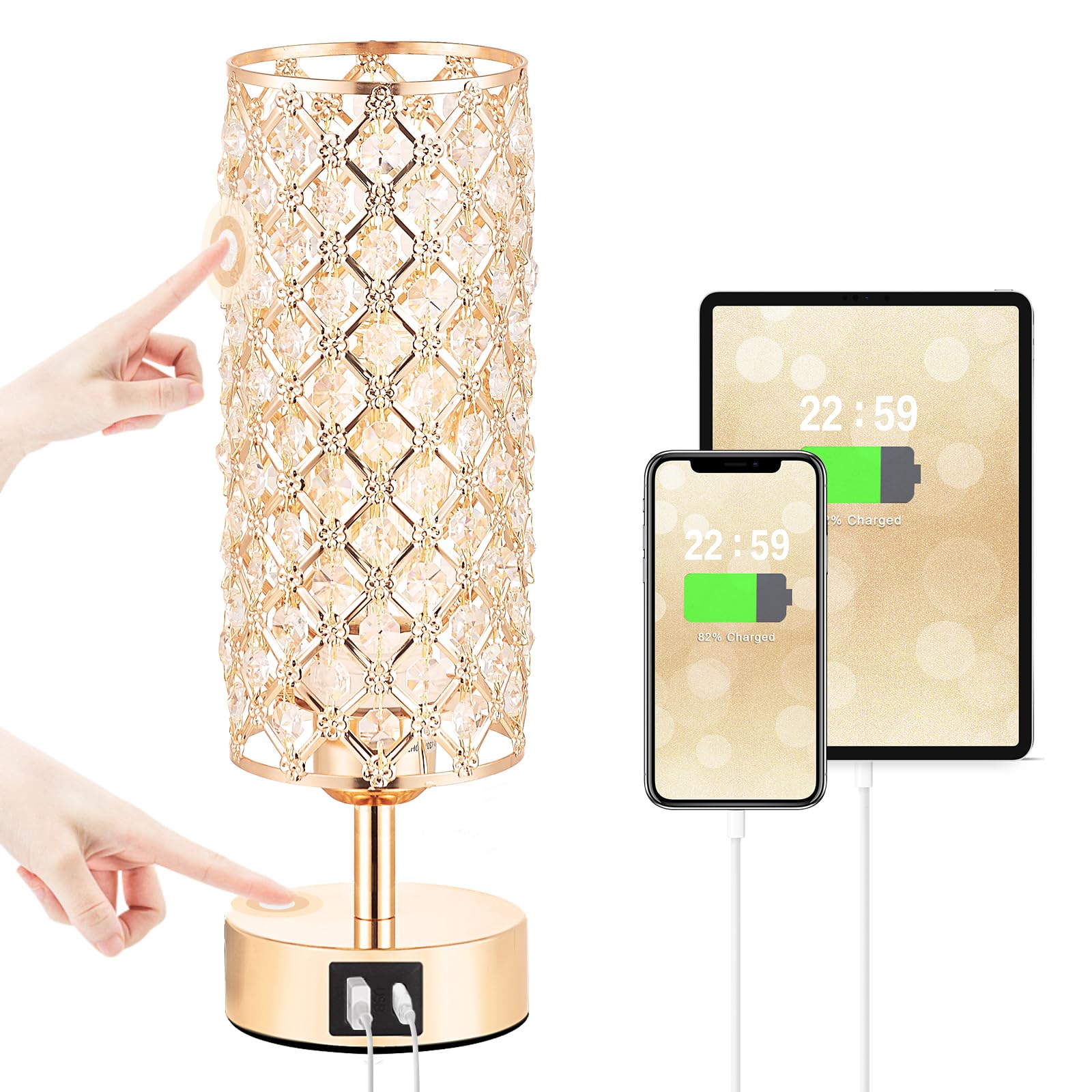 Crystal Table Lamp, Gold Lamp for Bedroom with USB-C USB-A Charging Ports, 3 Way Dimmable Light with Crystal Lampshade, Bedside 