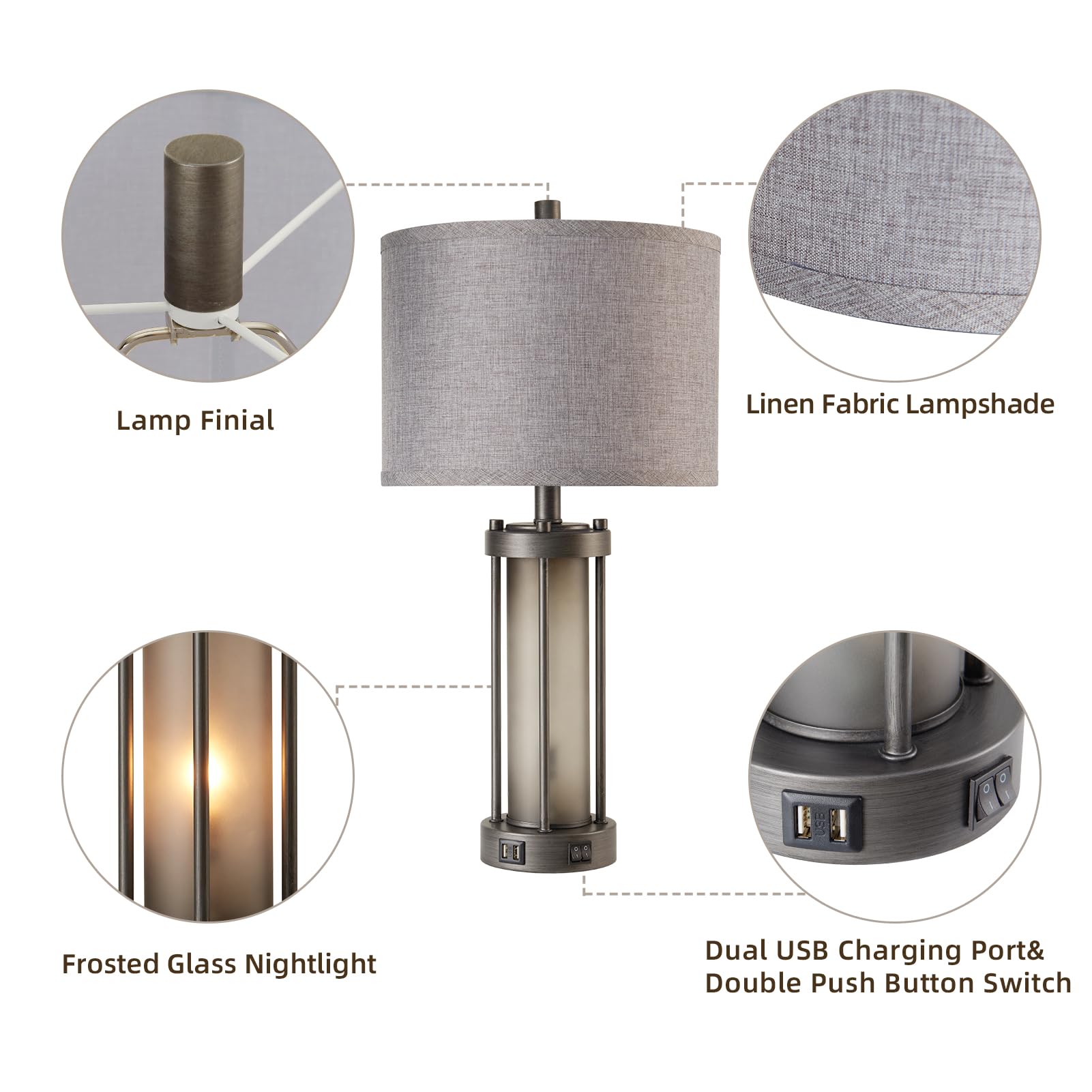 RORIA Set of 2 Rustic Table Lamps, Gray Frosted Glass, 2 USB Ports, Vintage Design, Model LM-8895C, Includes 4 Bulbs