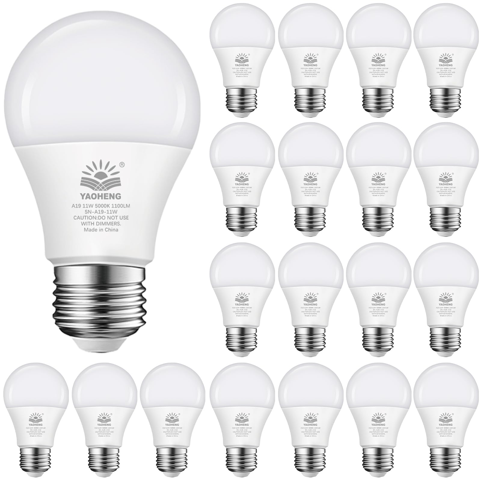 Yaoheng A19 Led Light Bulb 75 Watt Equivalent, 11 Watt Light Bulbs, 5000K Daylight, 1100 Lumens, Non-Dimmable, E26 Base Lightbul