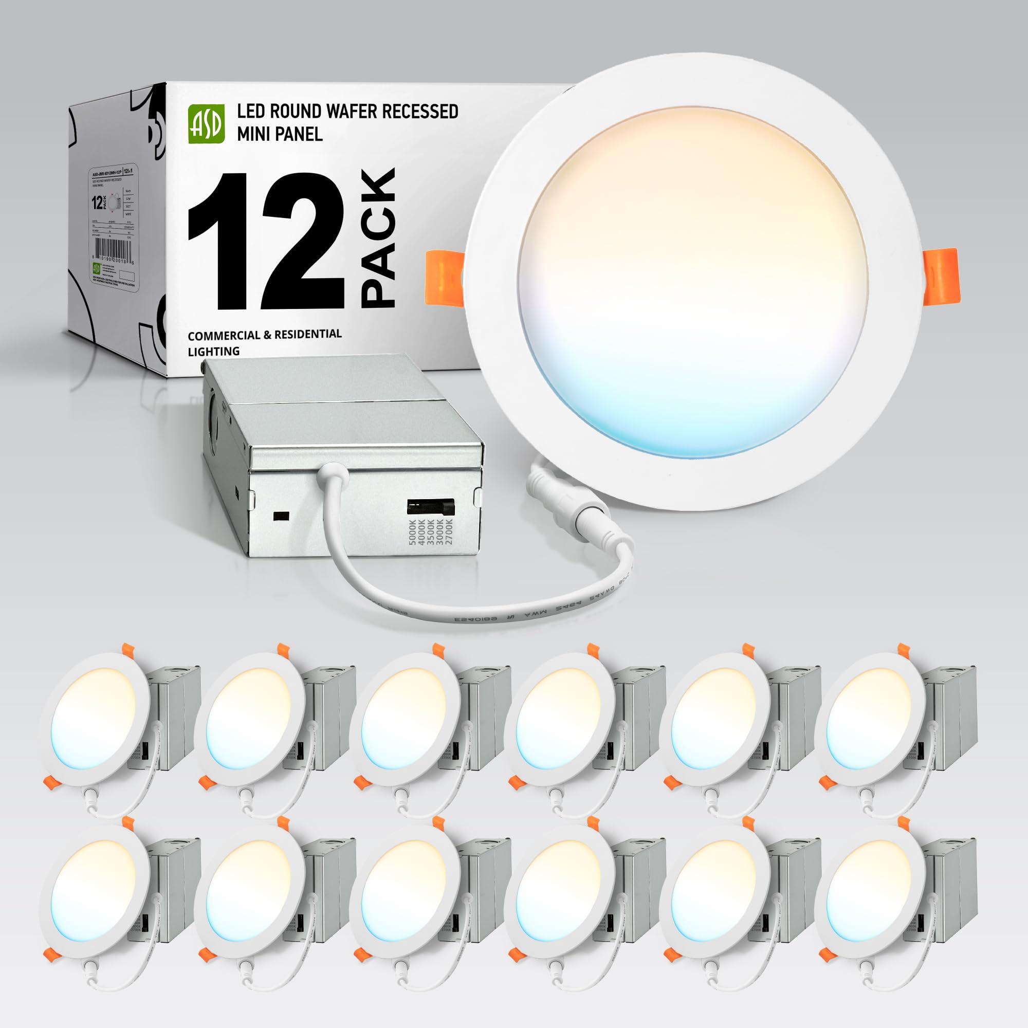 ASD 12 Pack LED Recessed Lighting 6 Inch 12W  5 CCT 2700K-5000K CRI90+  IC Rated Ultra Thin Dimmable Ceiling Lights with J Box  Canless Wafer Downlight  Round Slim Panel Light  Energy Star ETL  White