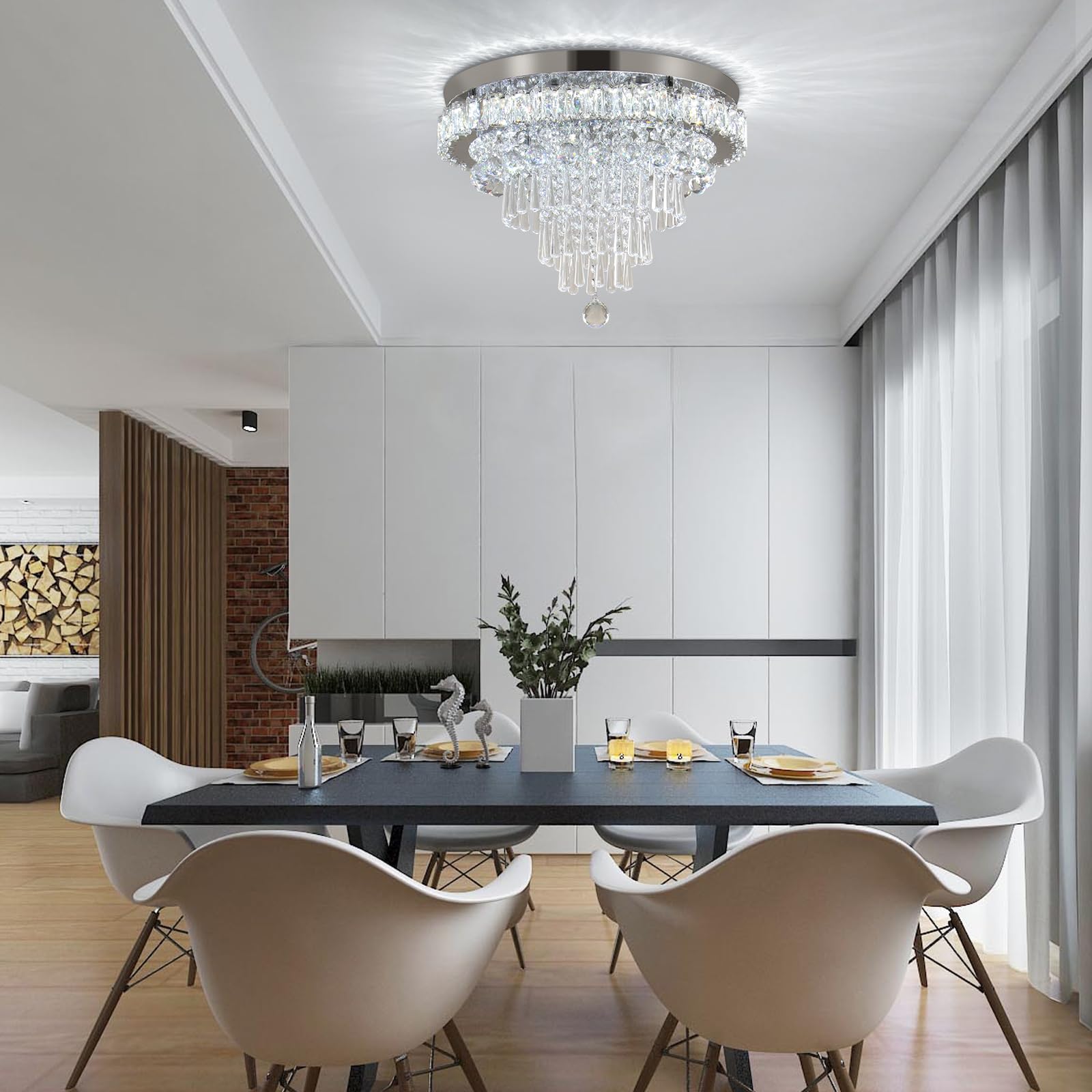 FRIXCHUR Modern Crystal Chandelier Ceiling Light LED Flush Mount 19.7in Warm White Metal MC096