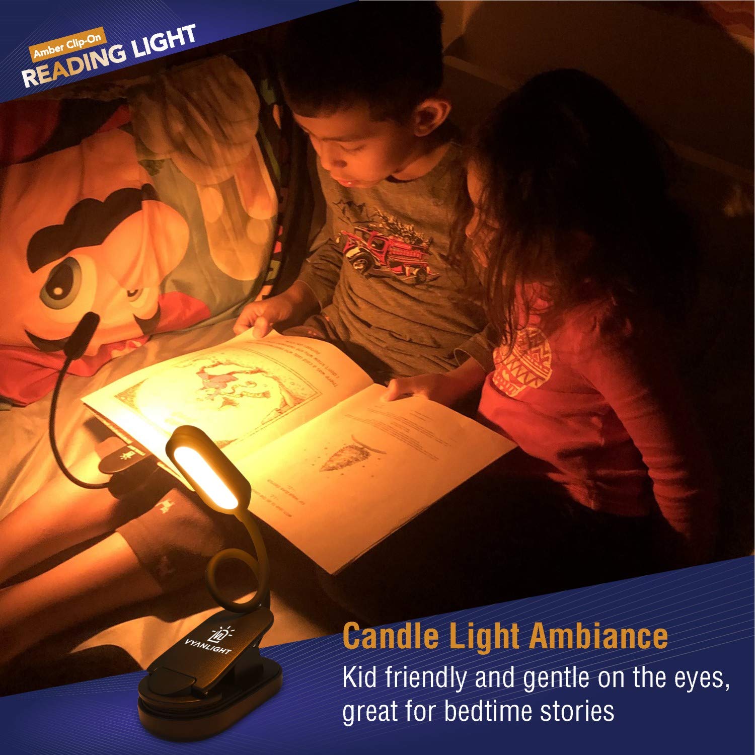 Vyanlight Book Light For Reading In Bed, Amber Color Reading Lamp With 360 Rotating Gooseneck, Rechargeable And Dimmable Warm Gl