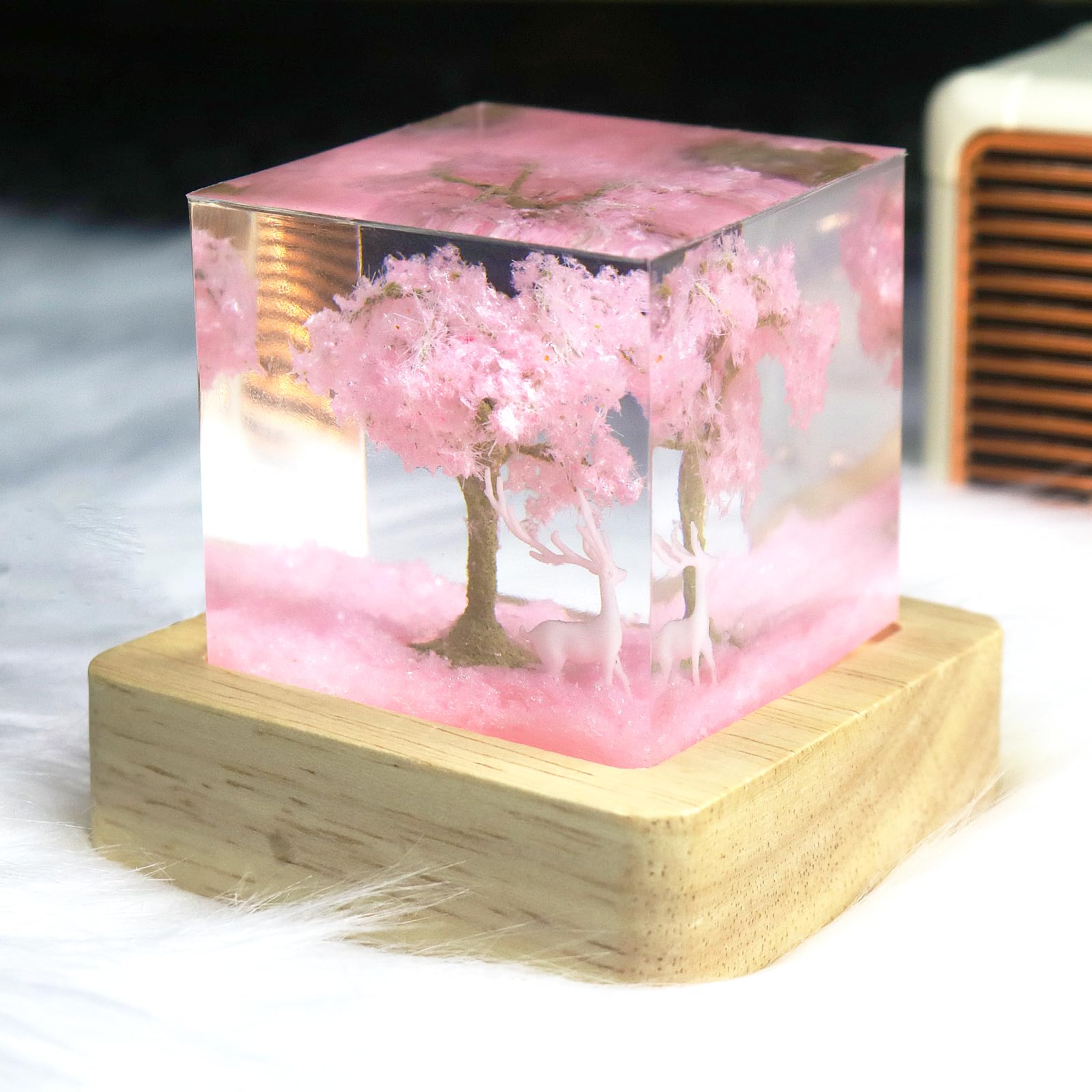 Eletriace Pink Cherry Blossom Tree White Moose Decorative Ornaments, Epoxy Resin Night Lights, Bedroom And Living Room Decoration,Suitable For Holidays