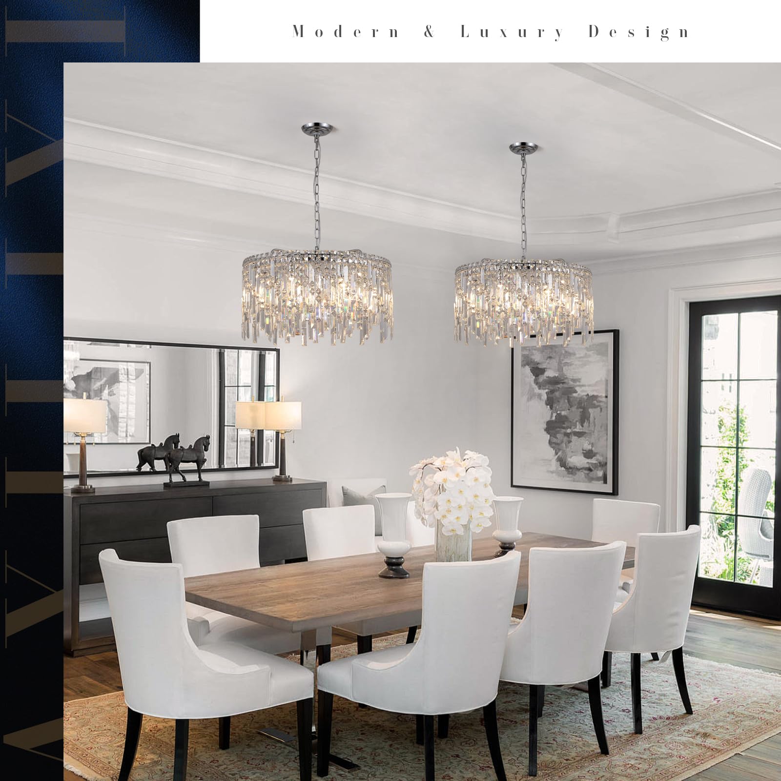 A AXILIXI 24" Crystal Chandelier, 8-Light Modern Pendant Light for Dining Room, Chrome Finish, Model DH7806-600
