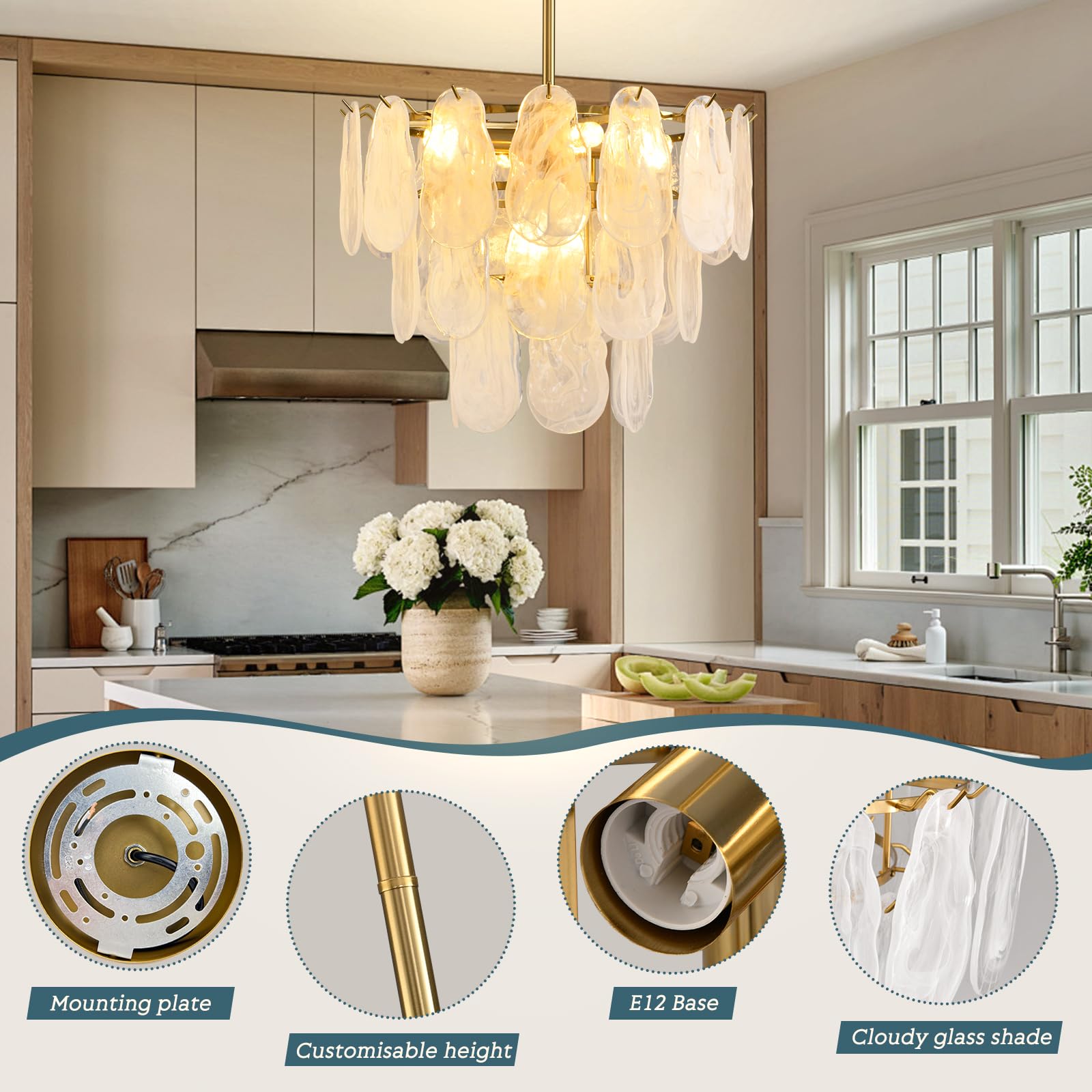 Modern Gold Cloud Glass Chandeliers, 19.68 Inches Creative Crystal Pendant Ceiling Fixture, 2 Tier Luxury Height Adjustable Chan