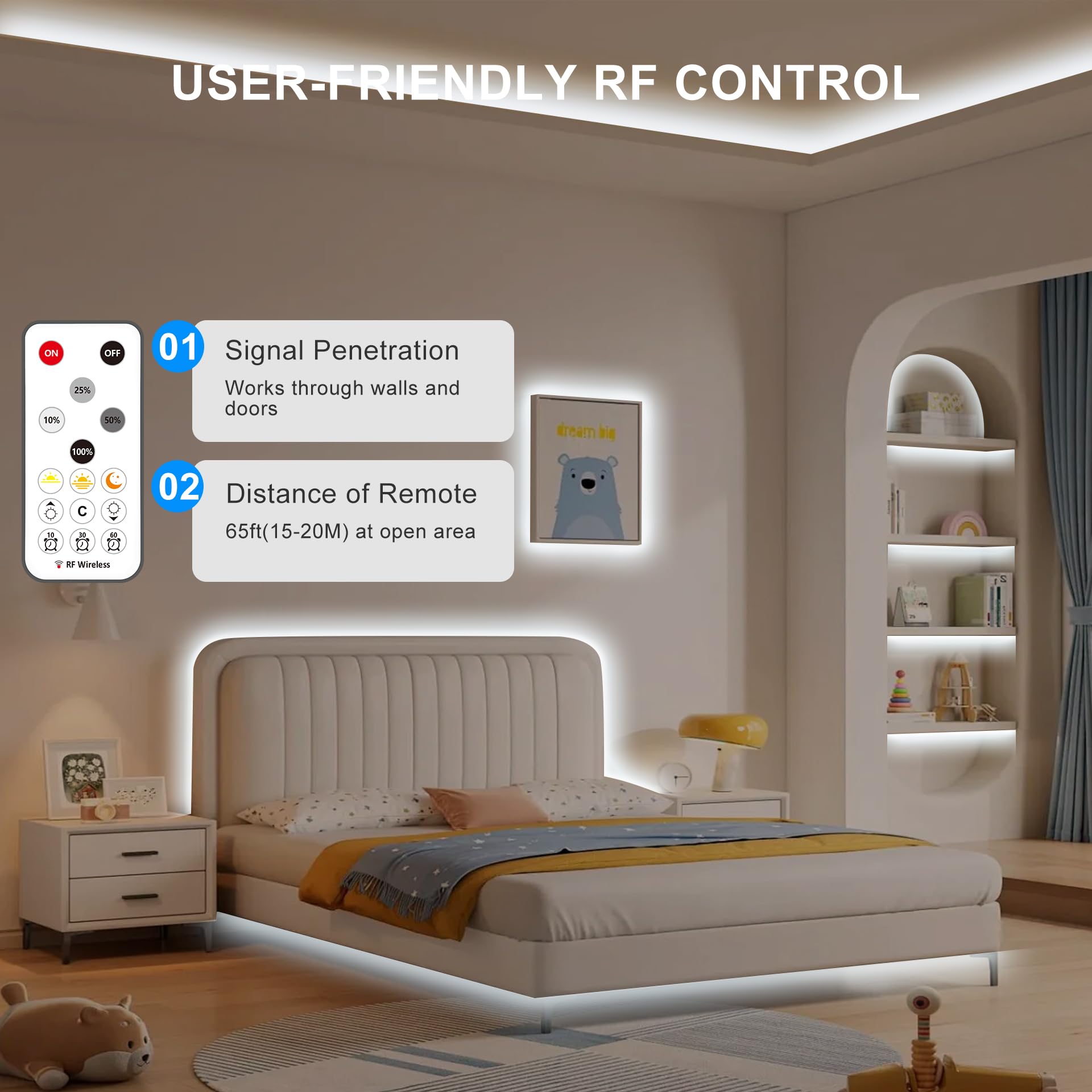 Olaholii 32.8Ft Cob Led Strip Light With Remote, 6500K Dimmable Bright Daylight White Led Cob Strip Light, White Continuous Led