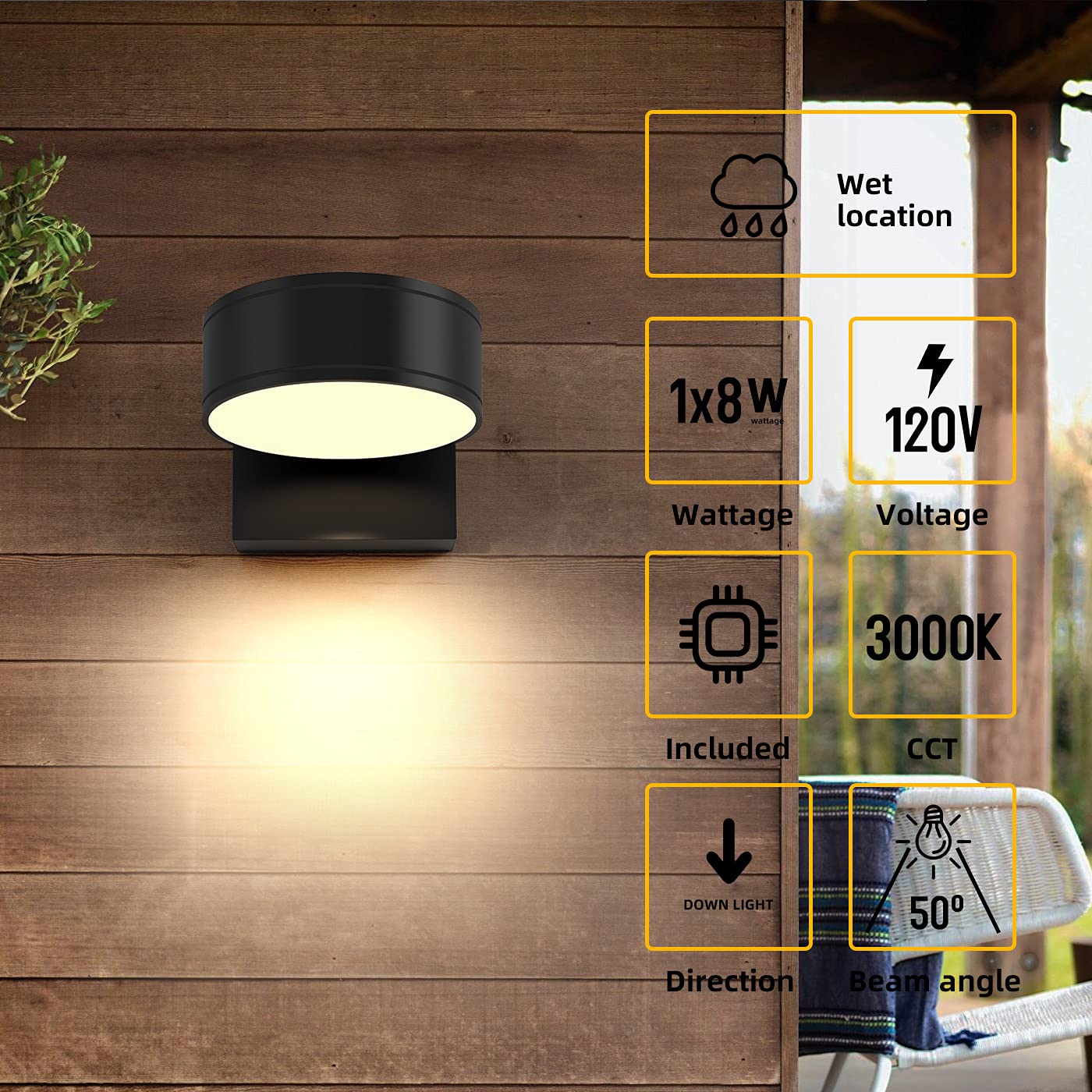 Double Century Led Outdoor Wall Sconce Light, Waterproof Aluminum, 3000K, 8W, Modern Design