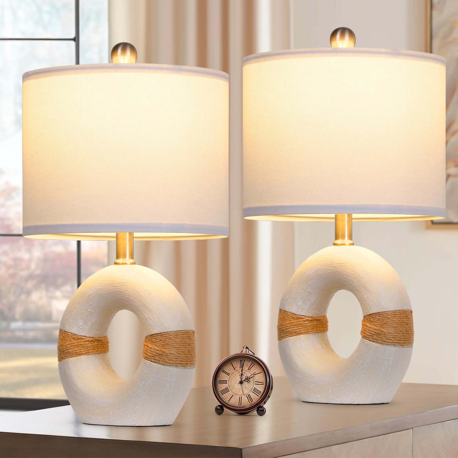 Cinkeda Boho Rattan Table Lamps Set Of 2, Cream Farmhouse Nightstand Lamps With Bulbs