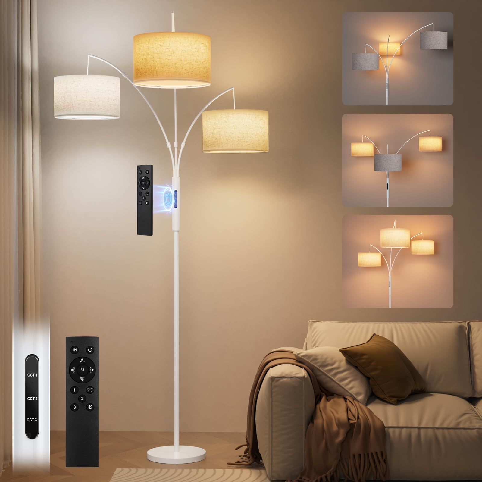 SIBRILLE 36W LED Arc Floor Lamp with Remote, Stepless Dimming, 3000LM, White-Beige Linen, Model BP-F030