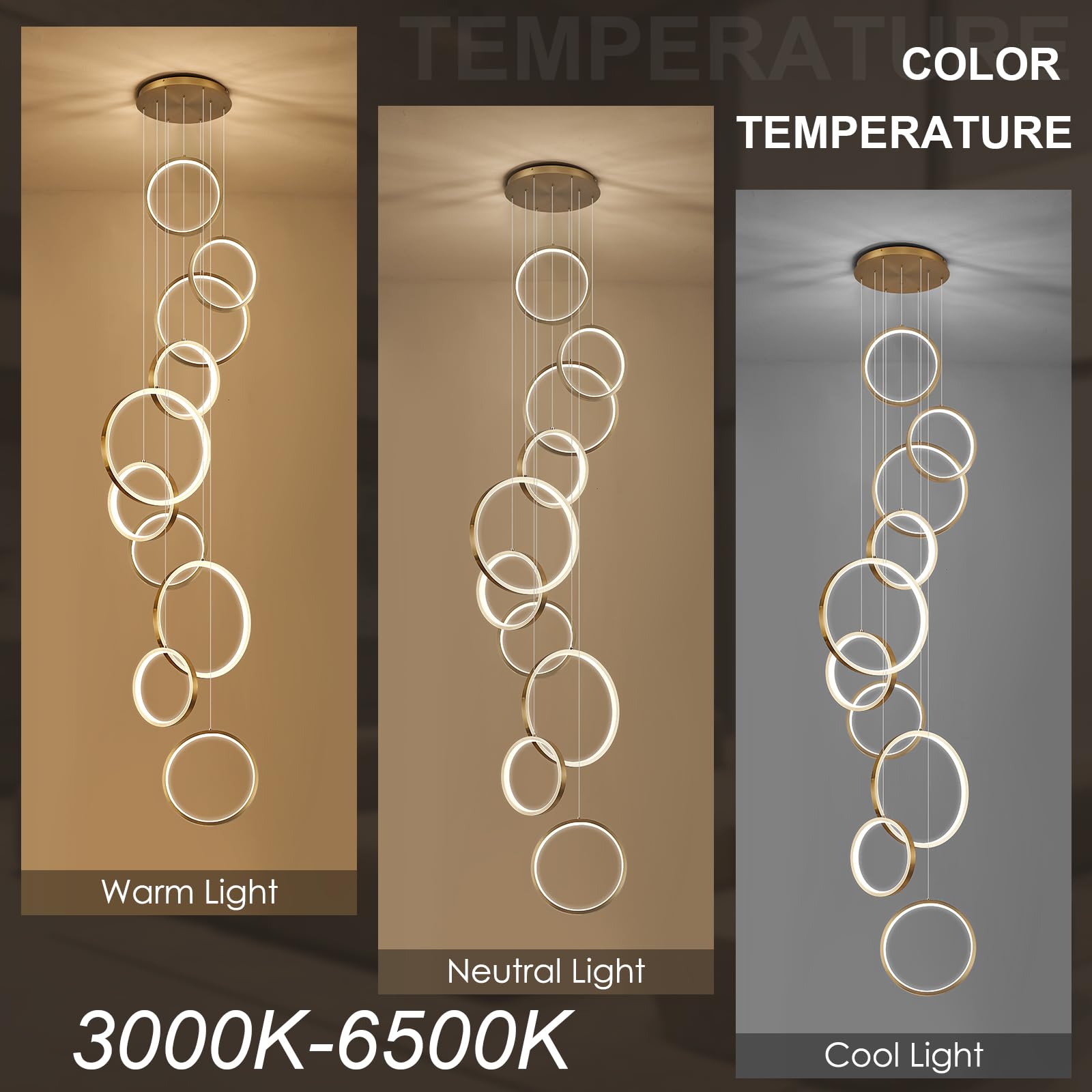 Benkut High Ceiling Chandelier 10 Ring LED Foyer Light 98.5in Gold Aluminum Model: Benkut-10RingsGold