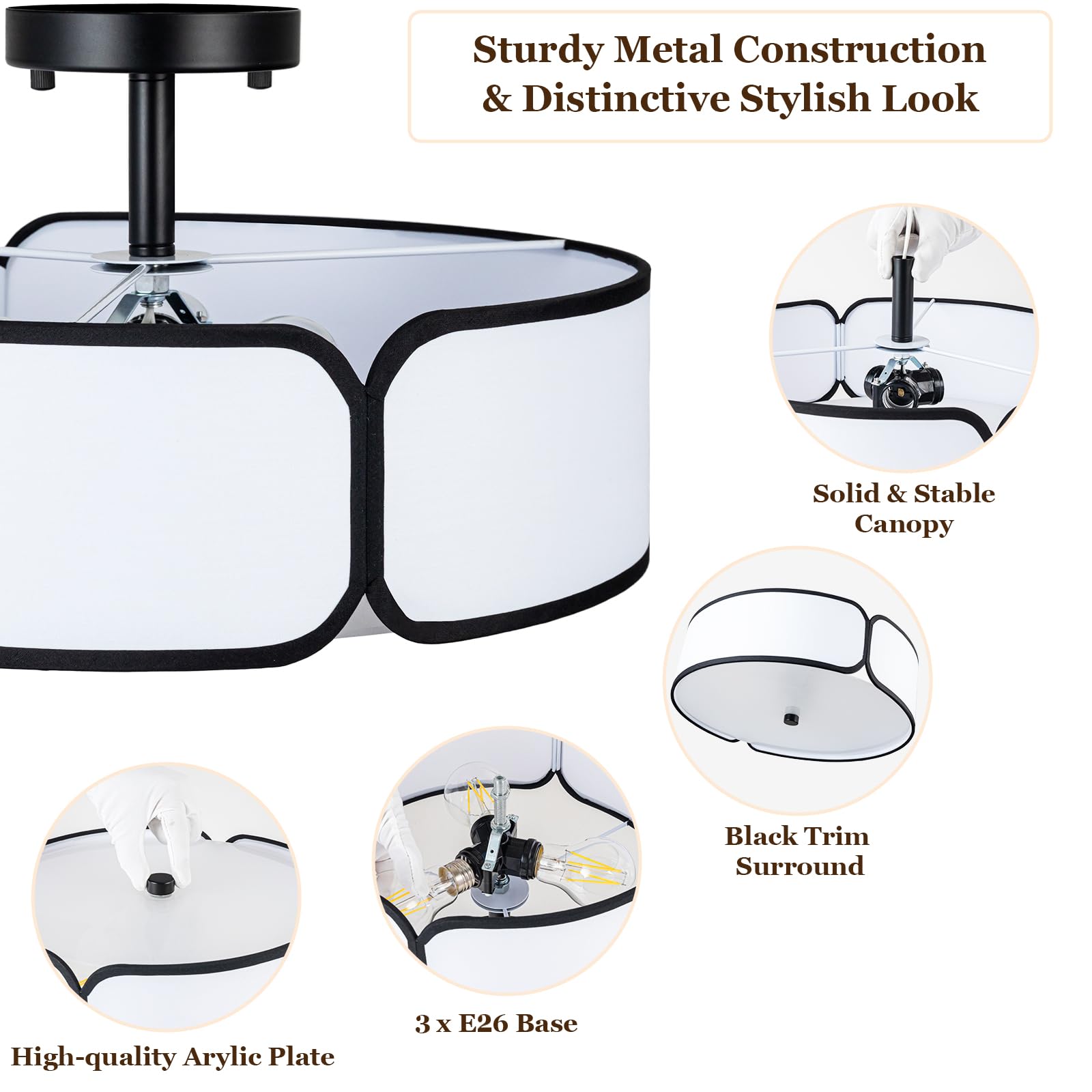 16'' Semi Flush Mount Ceiling Light - 3 Lights Drum Light Fixture With Black Border White Fabric Shade, Farmhouse Close To Ceili