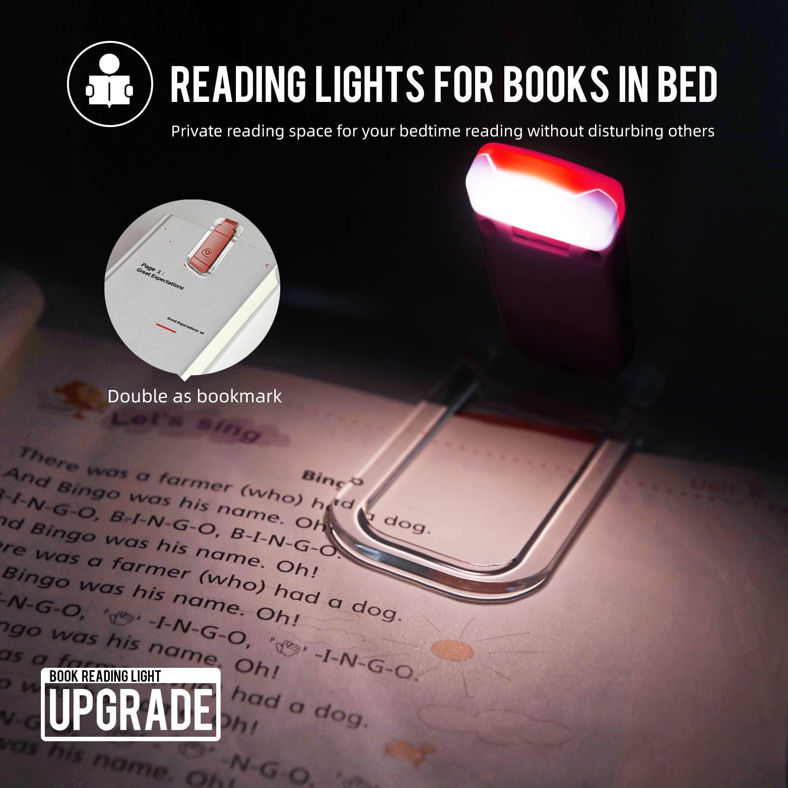 EGWASER Book Light, USB Rechargeable, 3 Brightness Levels, Clip-on Design, Red, Model EG-BL-24-1