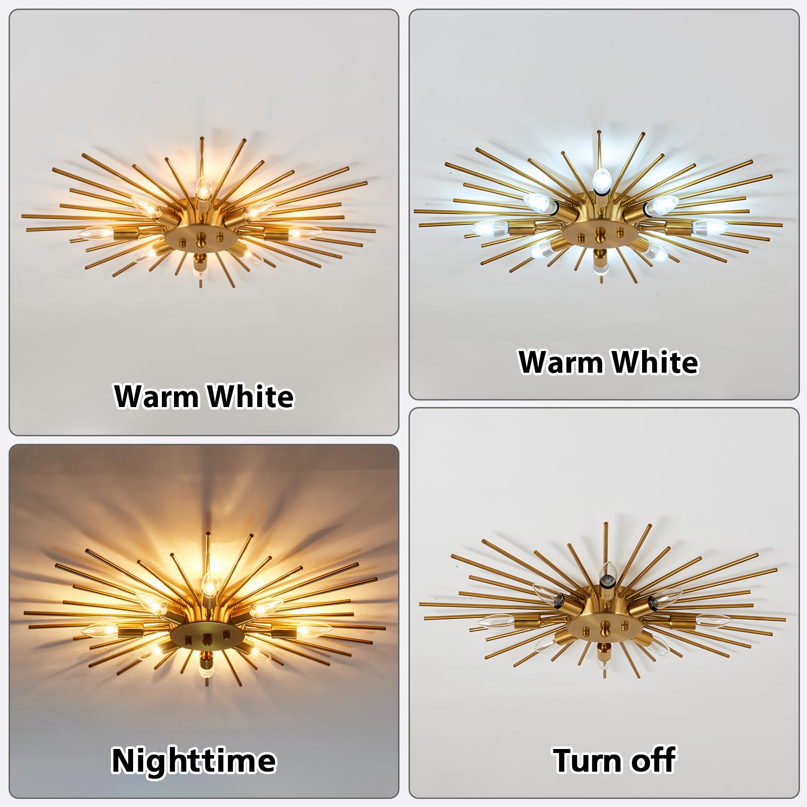 ZGLAOJT Semi Flush Mount Ceiling Light 8 Light Metal Chandelier Gold F-1181 for Kitchen Dining Room Bedroom Living Room
