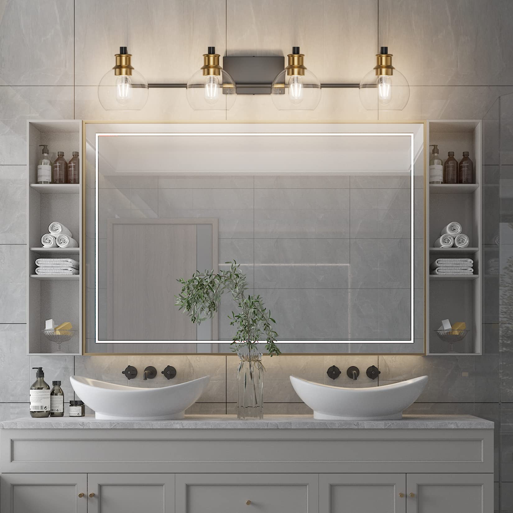 Tipace 4-Light Vintage Bathroom Vanity Lighting Fixtures, Black & Gold Finish, Metal, Model L-7493-1, Clear Glass Globes