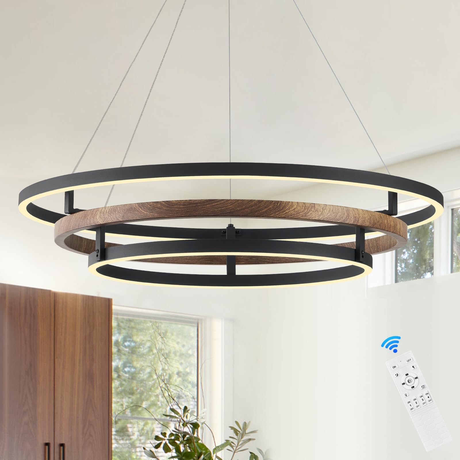 CaraLuxe 3 Ring LED Chandelier Black Walnut Wood 31in Dimmable Light Fixture for Foyer Dining Room Bedroom Office